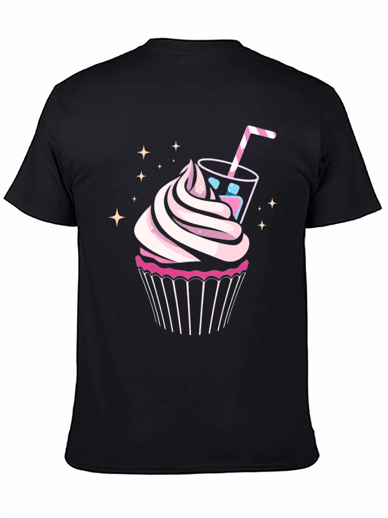 Cupcake & Drink Graphic Tee - Black Cotton Shirt