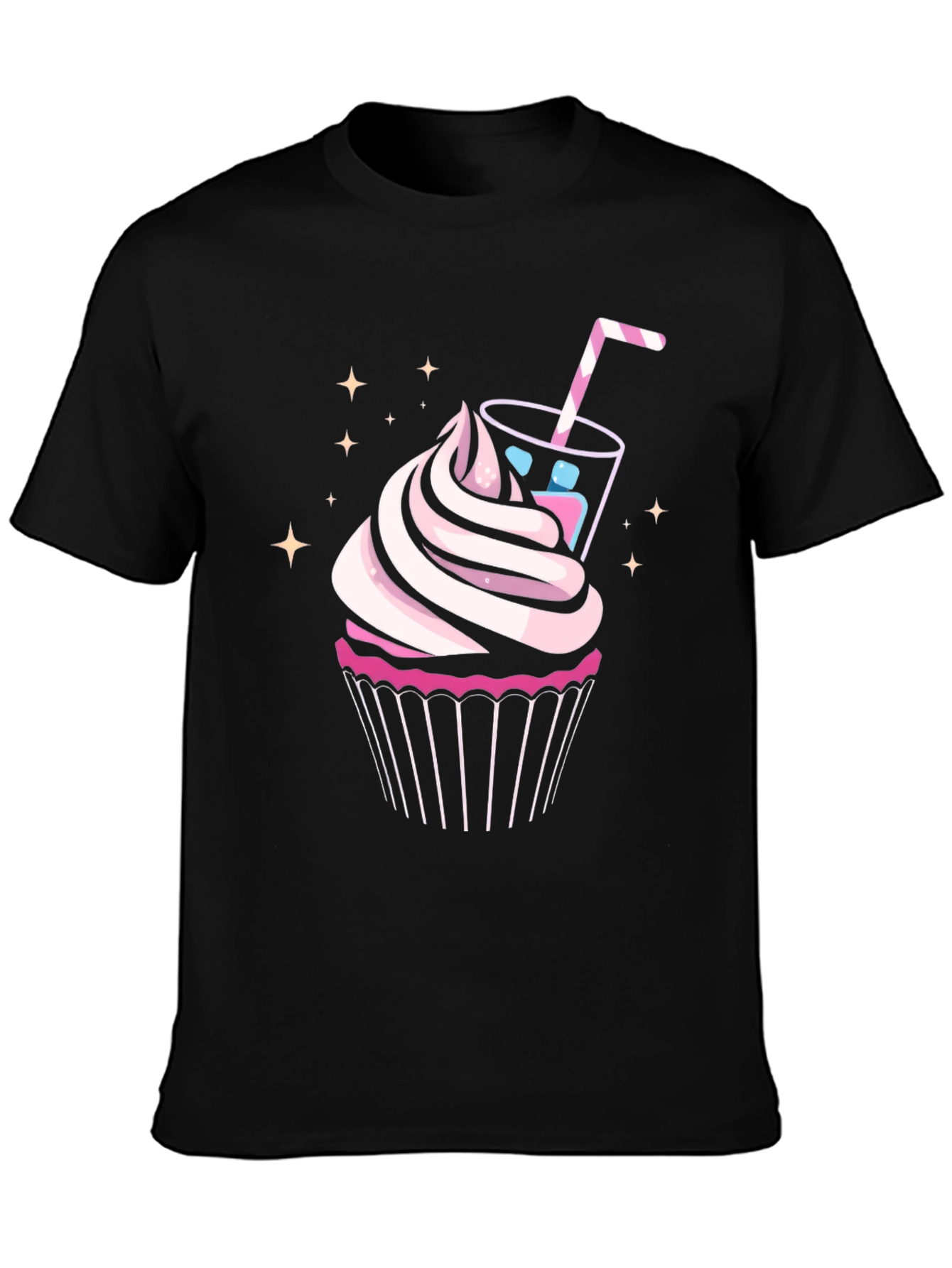 Cupcake & Drink Graphic Tee - Black Cotton Shirt