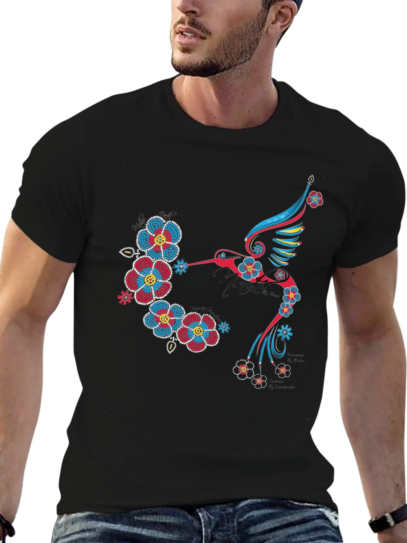 Hummingbird Floral Graphic Print Black T-Shirt