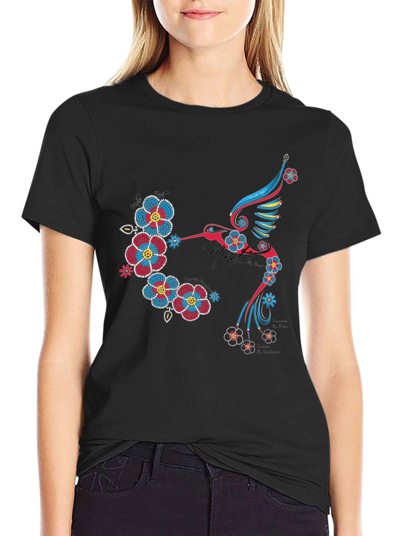 Hummingbird Floral Graphic Print Black T-Shirt