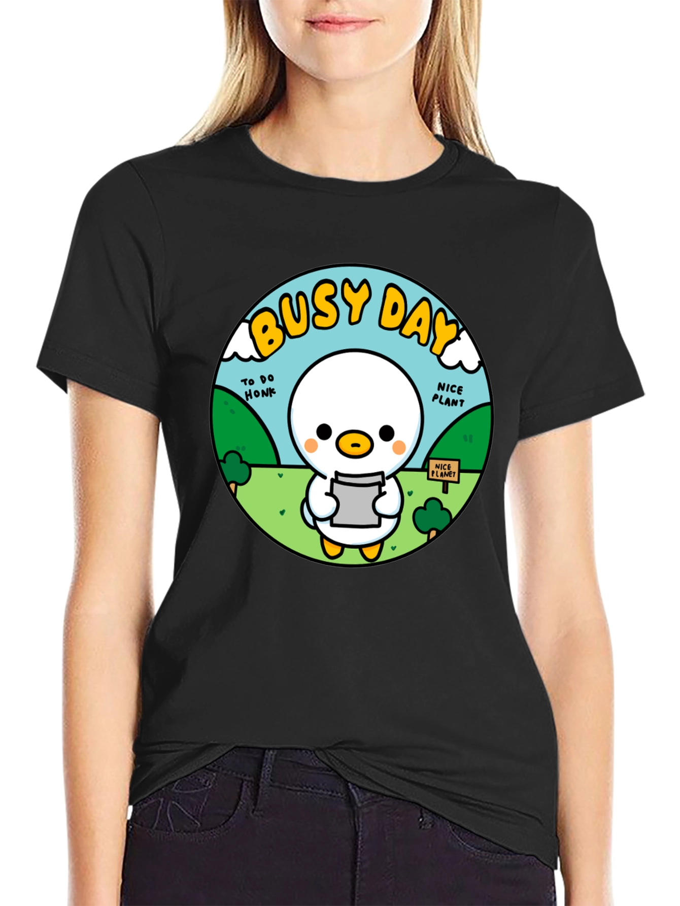 Busy Day Duck Graphic Tee - Soft Black Cotton