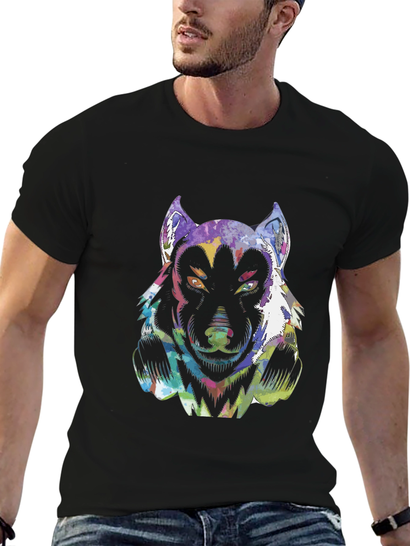 Psychedelic Wolf Graphic T-Shirt - Black