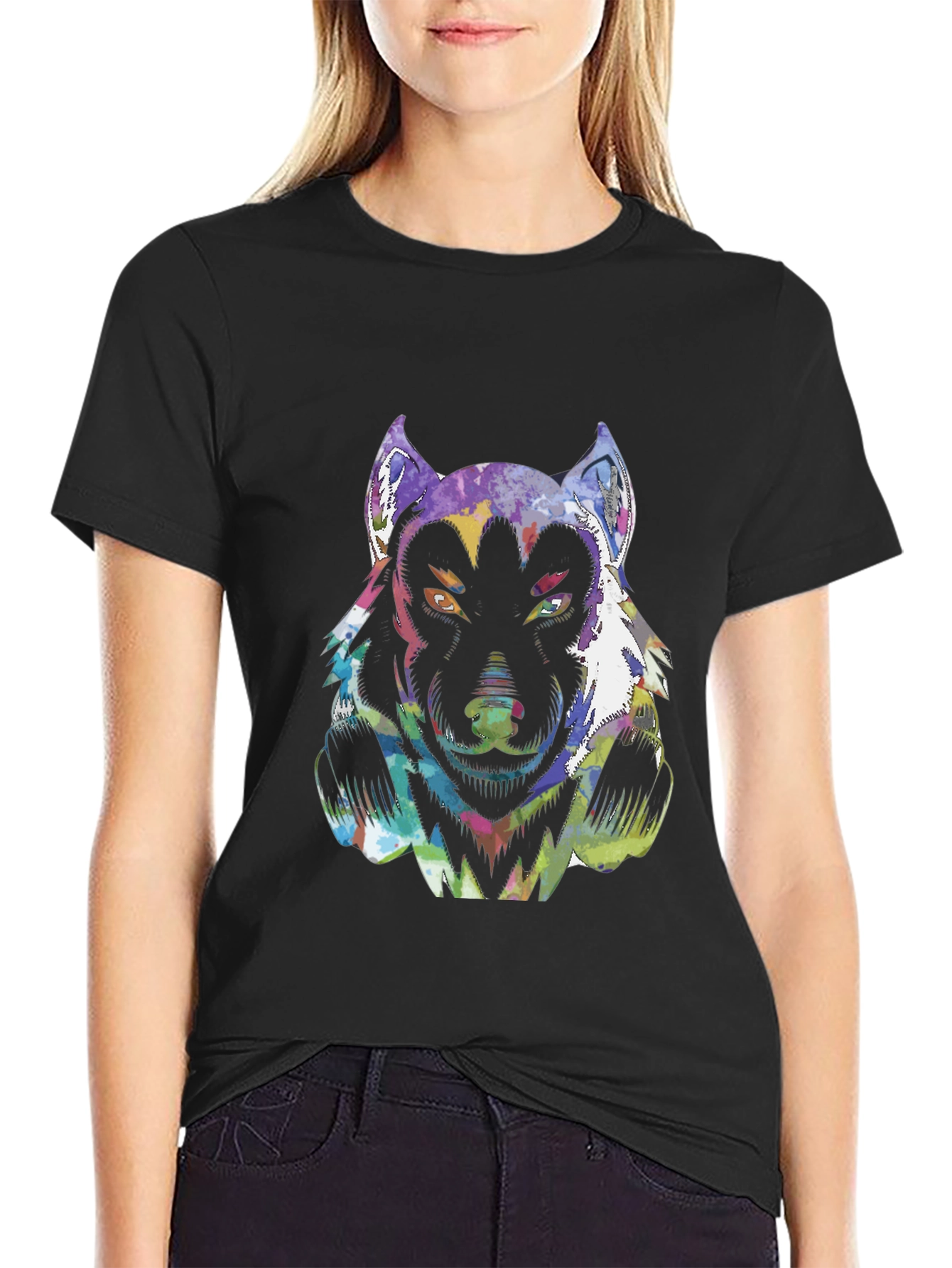 Psychedelic Wolf Graphic T-Shirt - Black