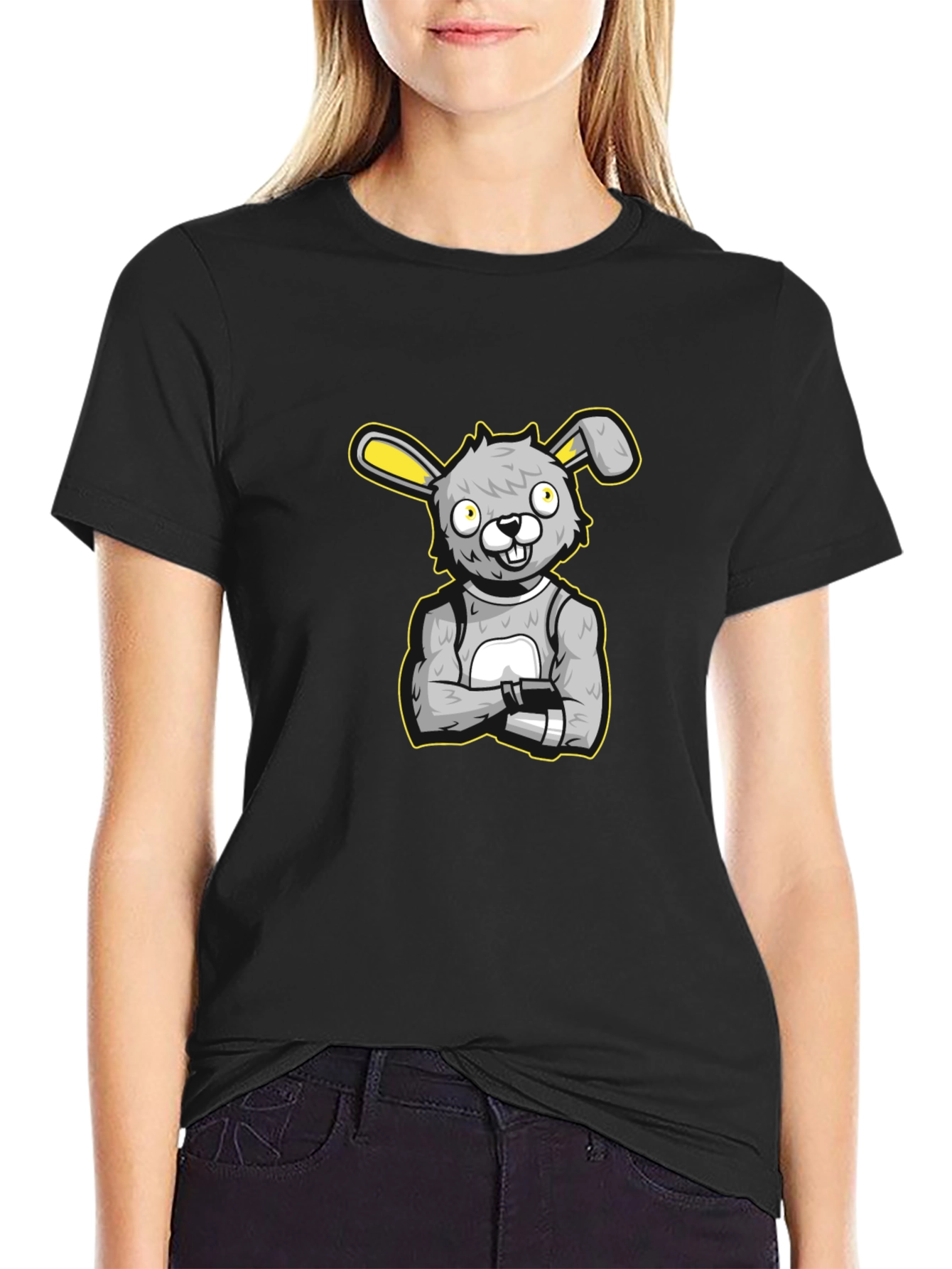 Cartoon Bunny Graphic Black T-Shirt