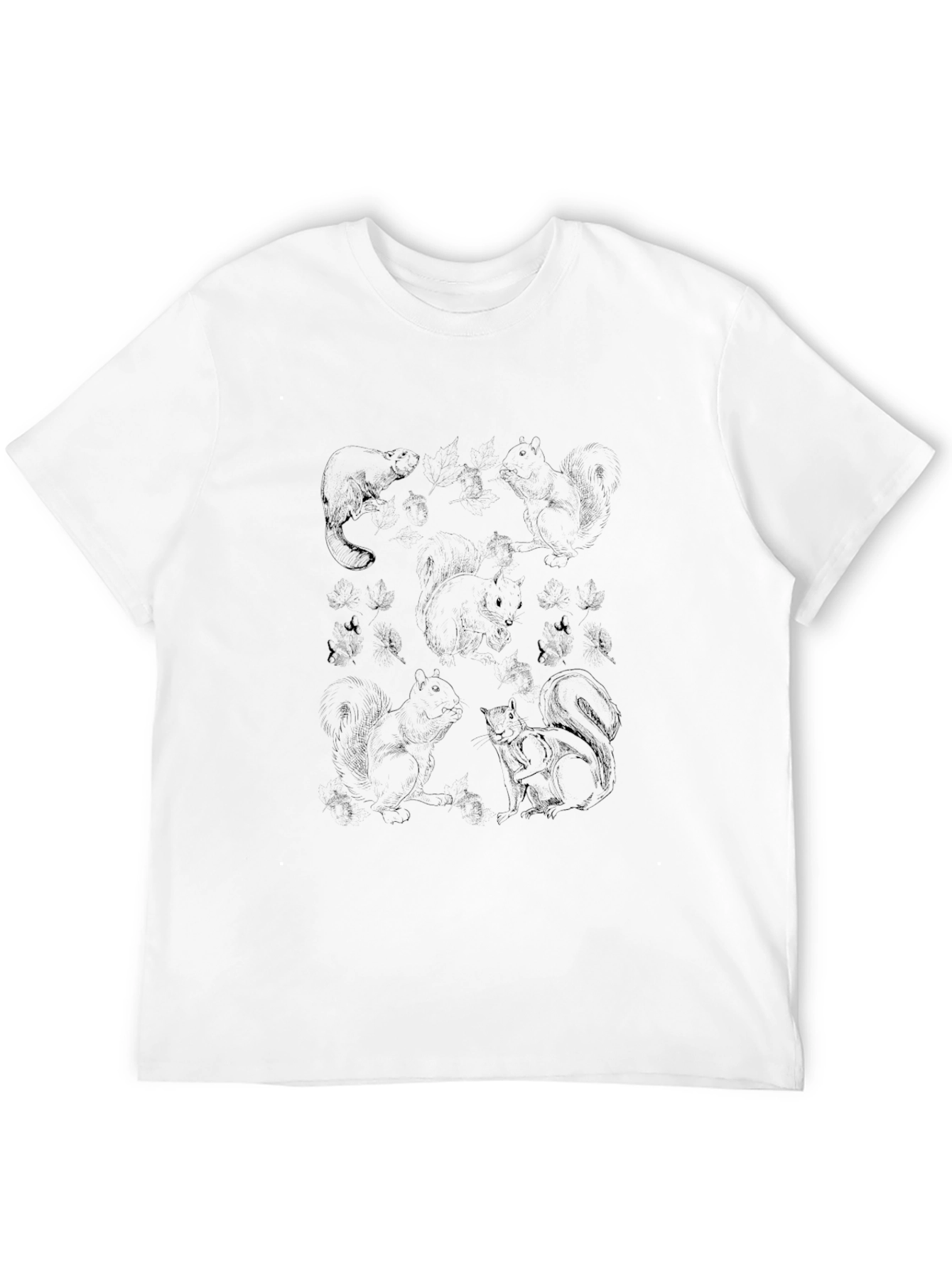 Mens Black T-Shirt with Squirrel and Beaver Print