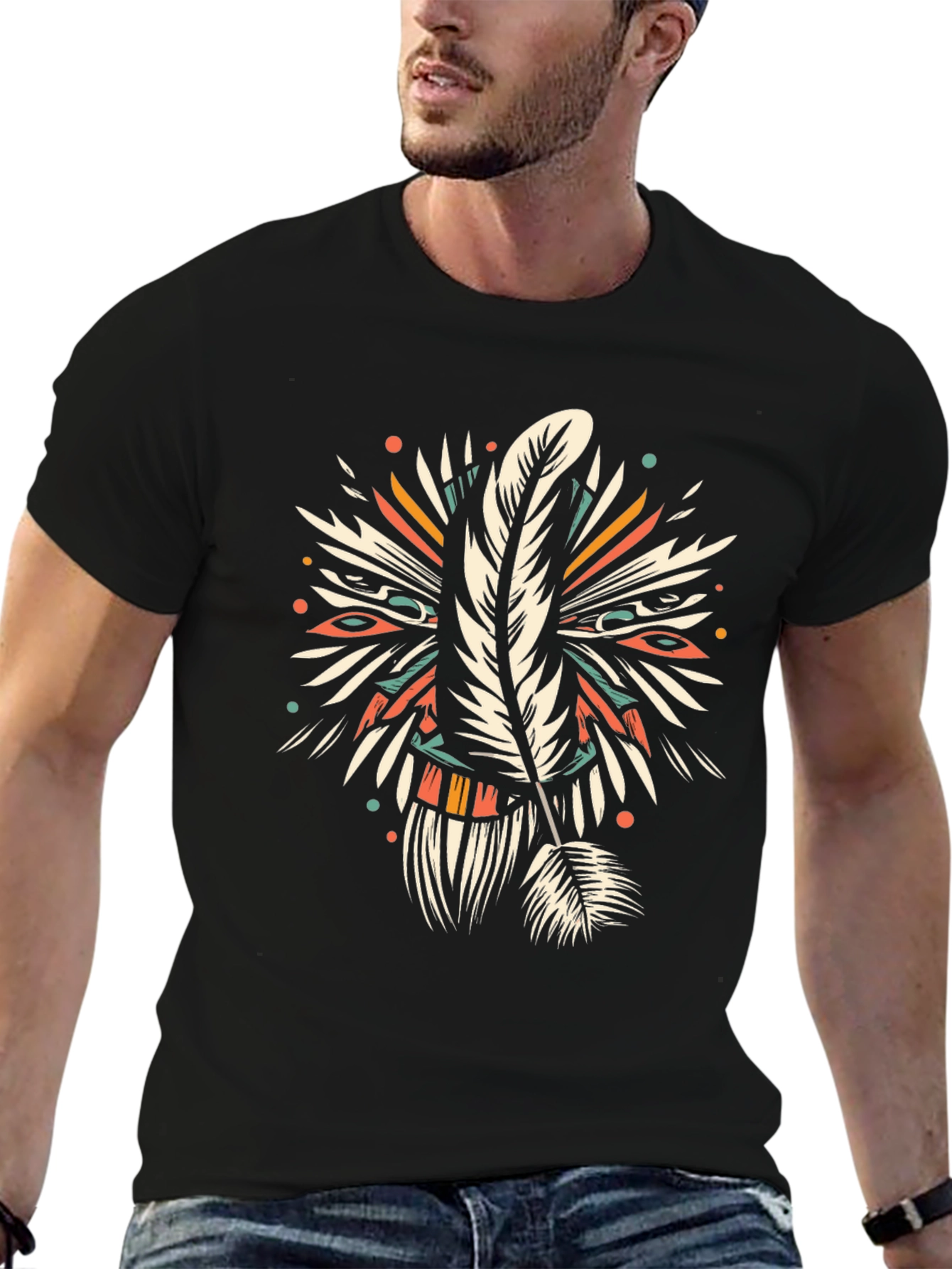 Feather Graphic T-Shirt - Unique Tribal Design