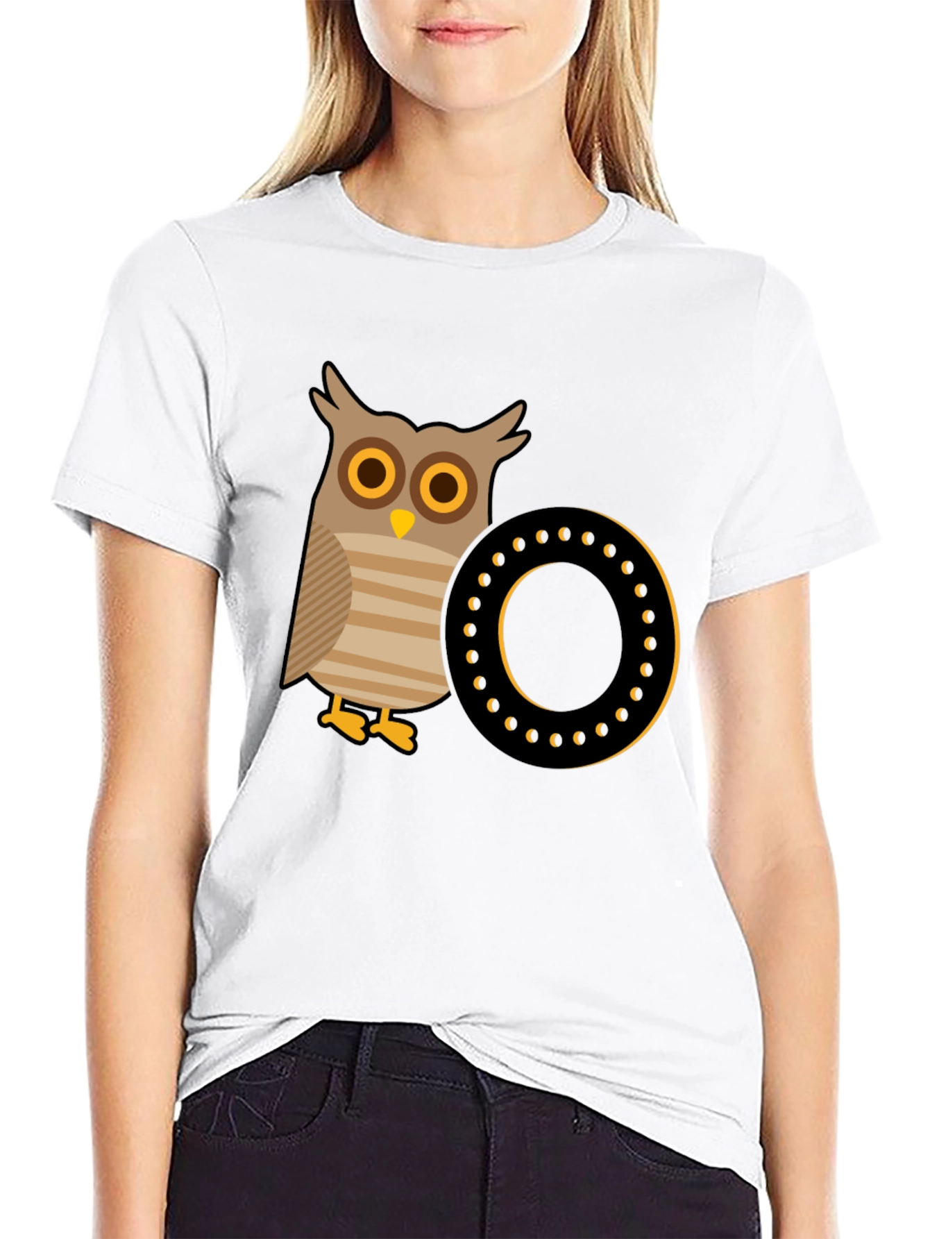 Owl and Letter O Graphic Tee - Black Cotton