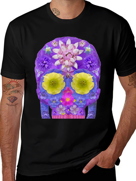Floral Sugar Skull Graphic Tee - Mens Black T-Shirt
