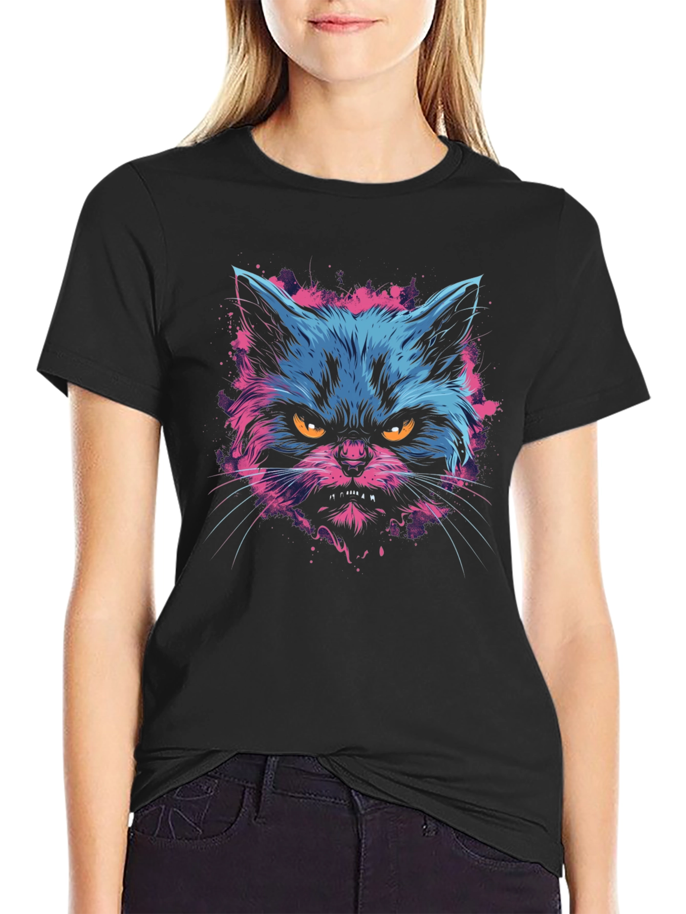 Neon Angry Cat Graphic Print Mens T-Shirt