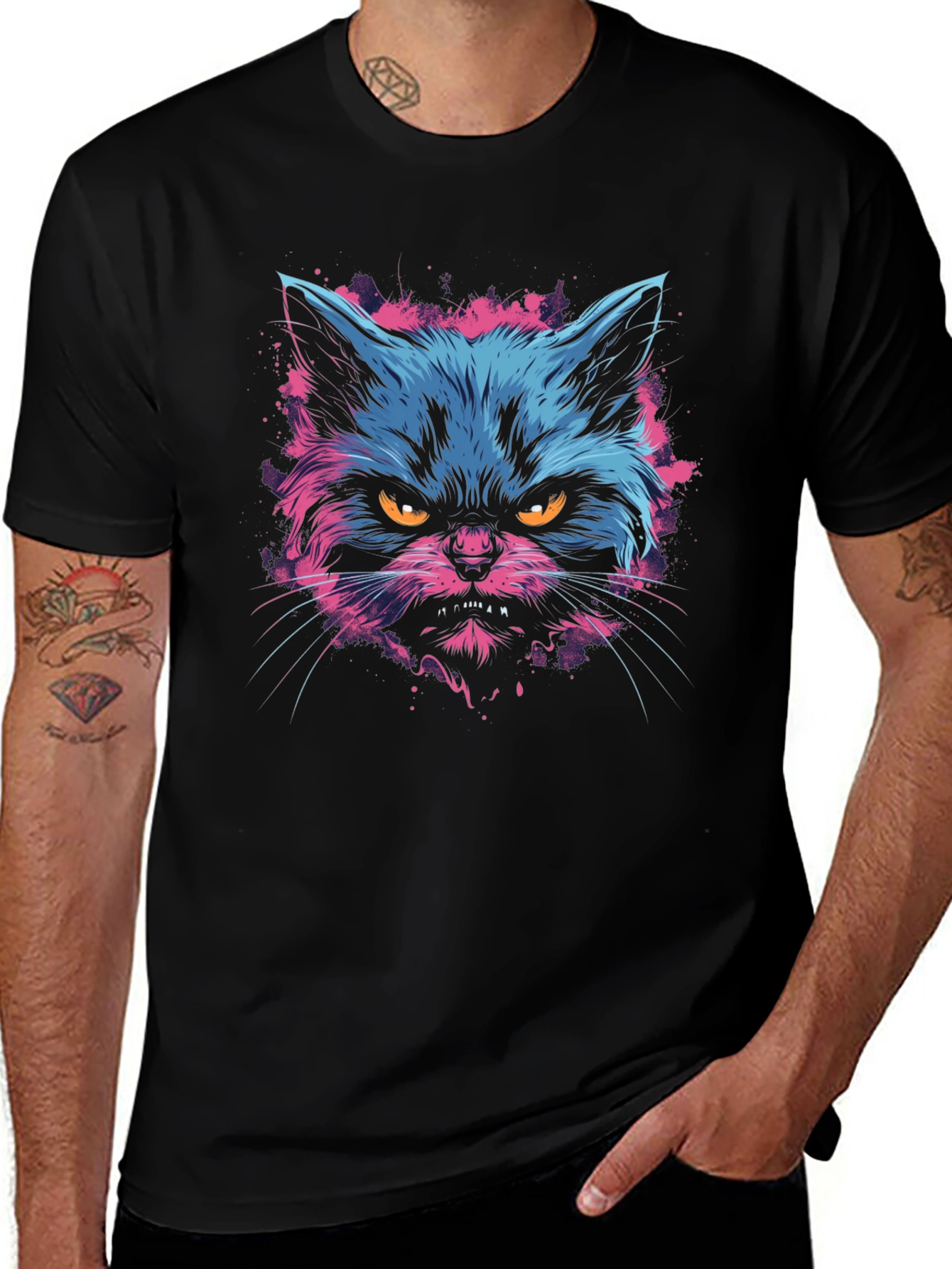 Neon Angry Cat Graphic Print Mens T-Shirt