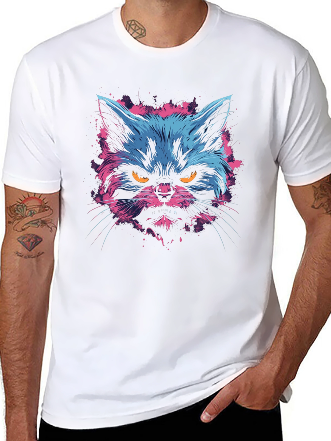Neon Angry Cat Graphic Print Mens T-Shirt