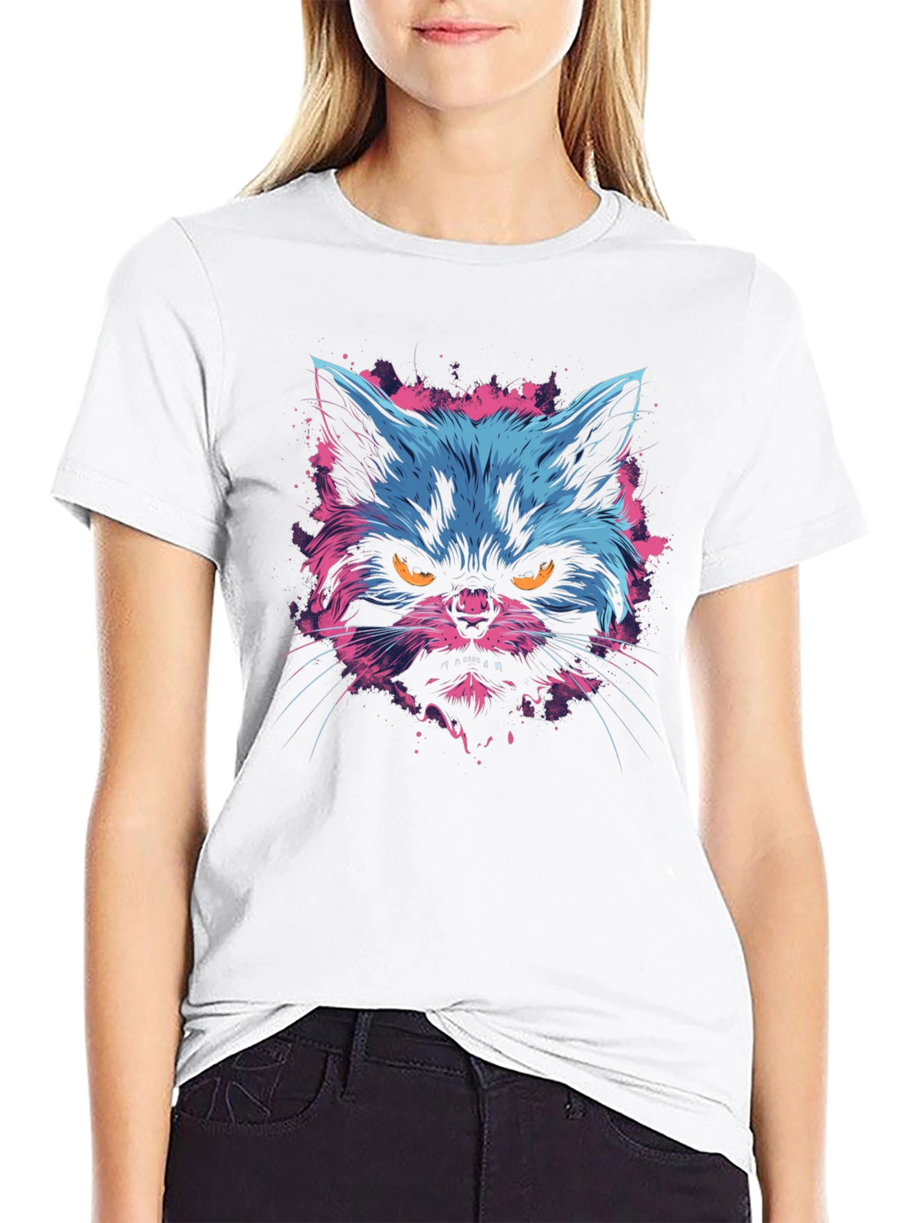 Neon Angry Cat Graphic Print Mens T-Shirt