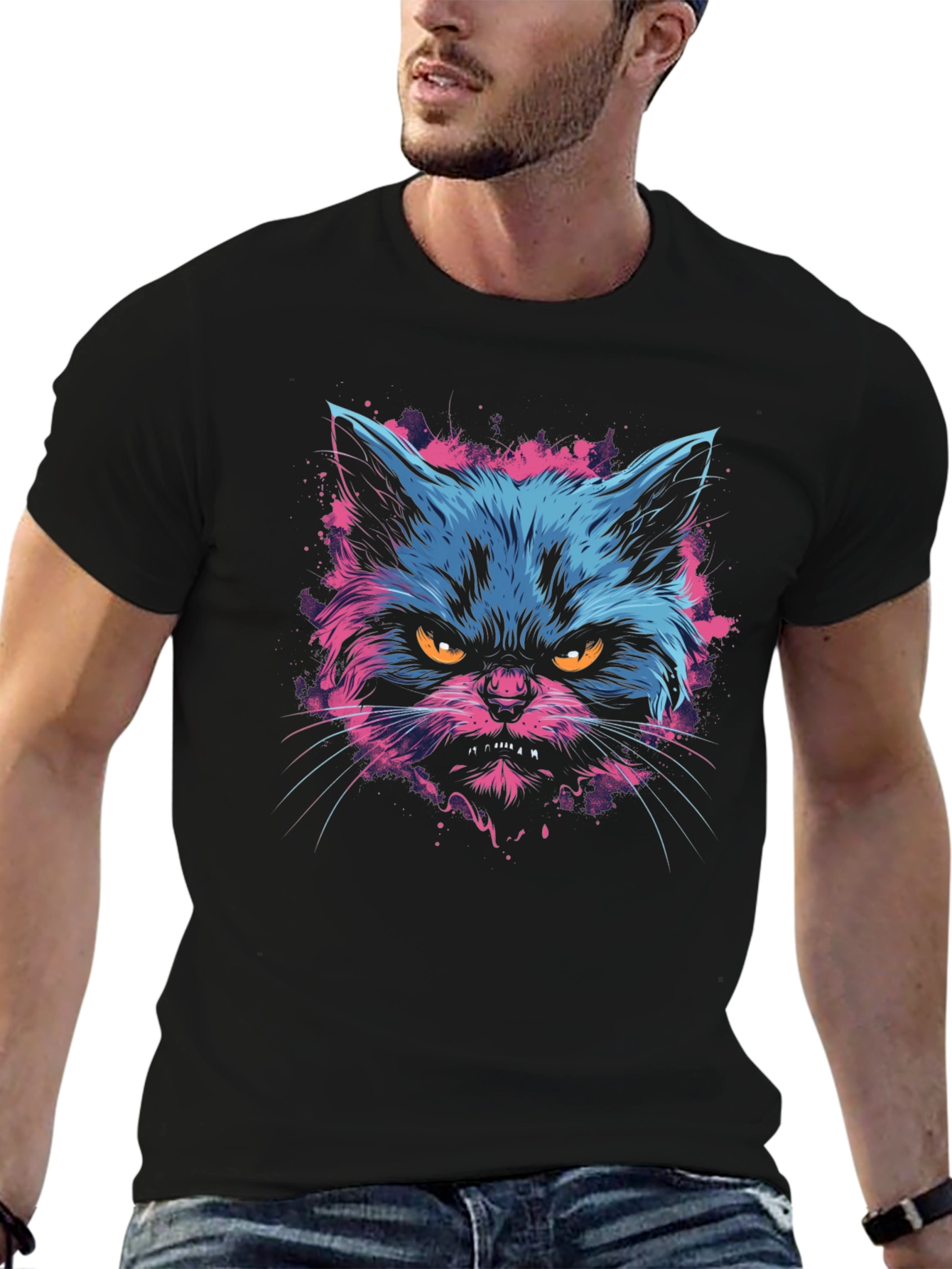 Neon Angry Cat Graphic Print Mens T-Shirt