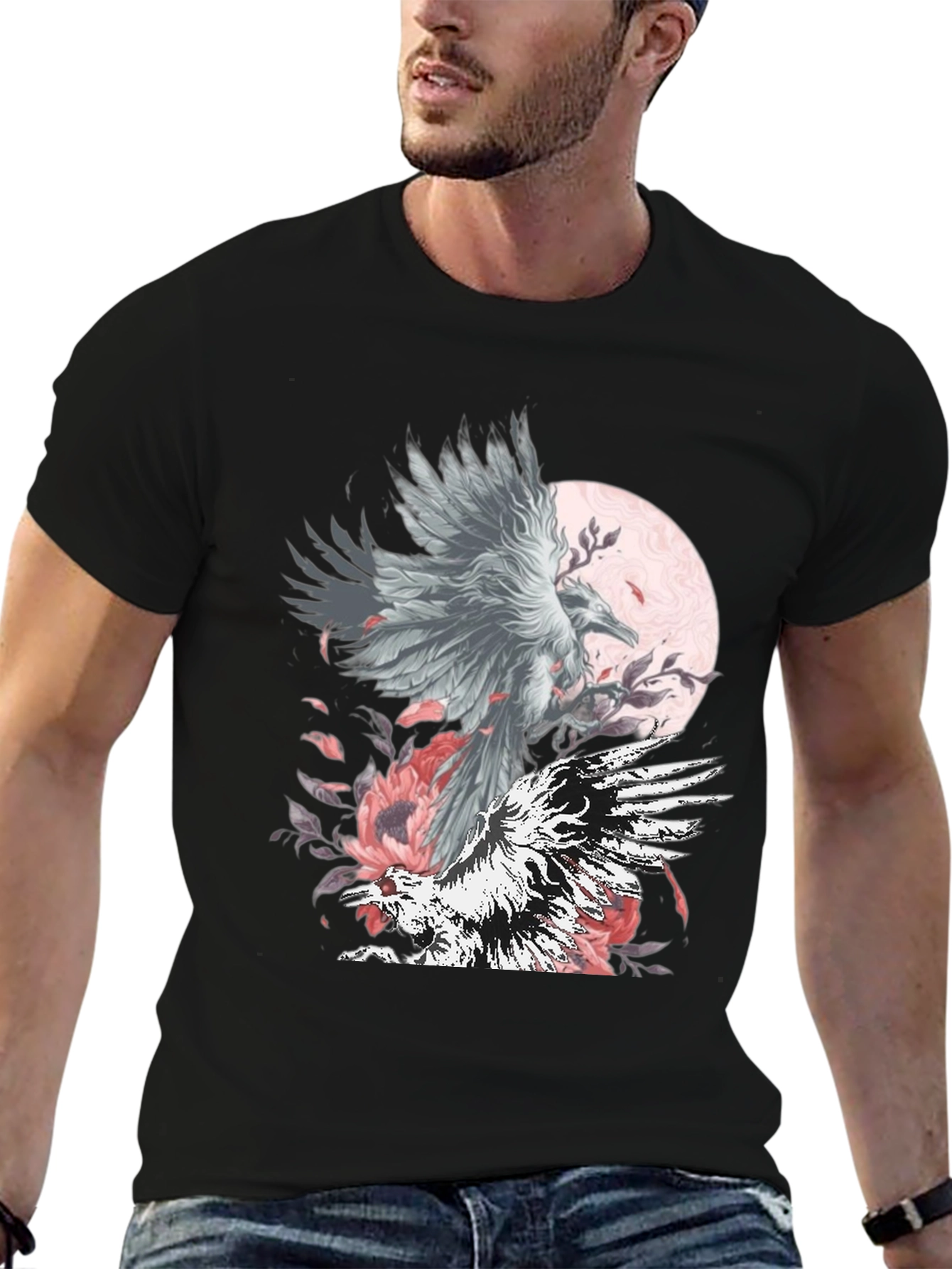 Raven Moon Graphic Tee - Black Cotton