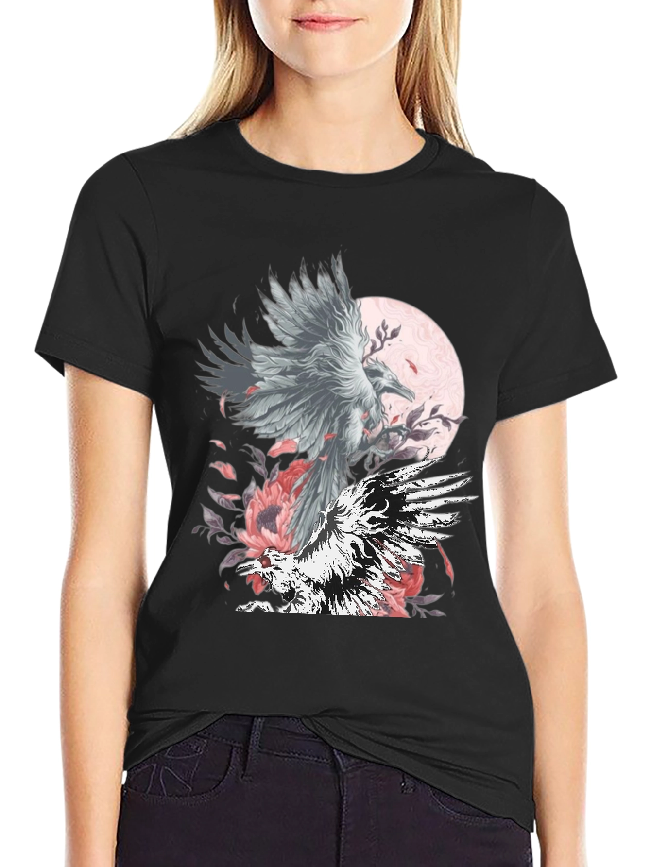 Raven Moon Graphic Tee - Black Cotton