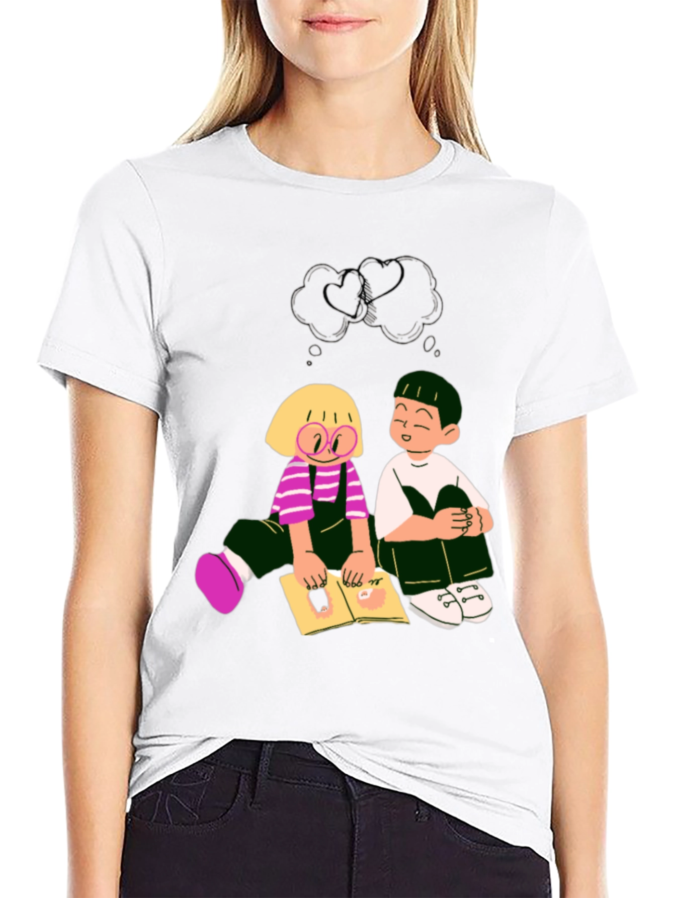 Cartoon Kids Reading Black Tee