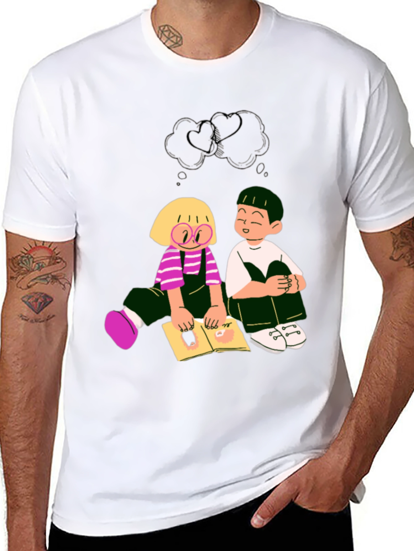 Cartoon Kids Reading Black Tee