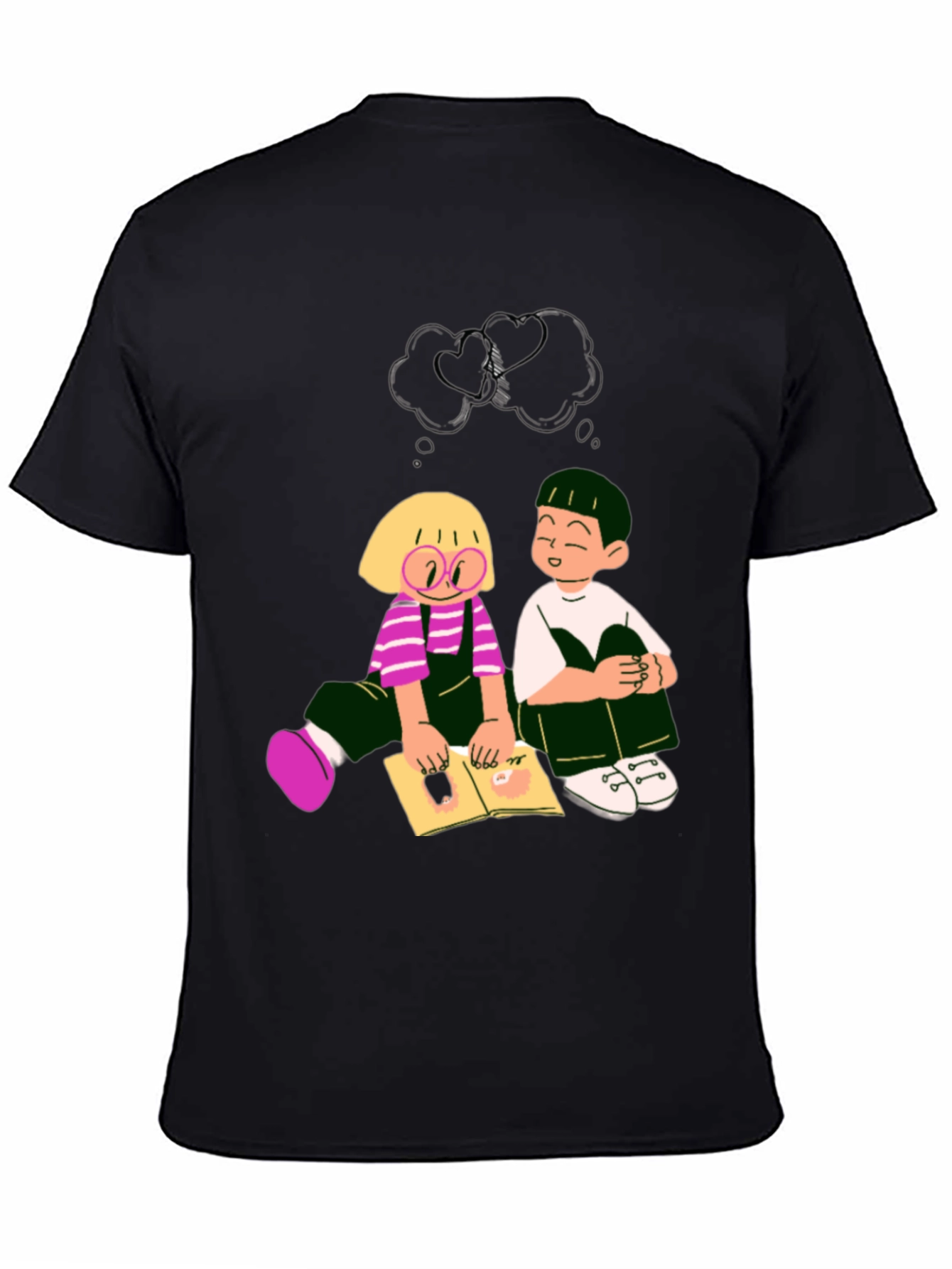 Cartoon Kids Reading Black Tee
