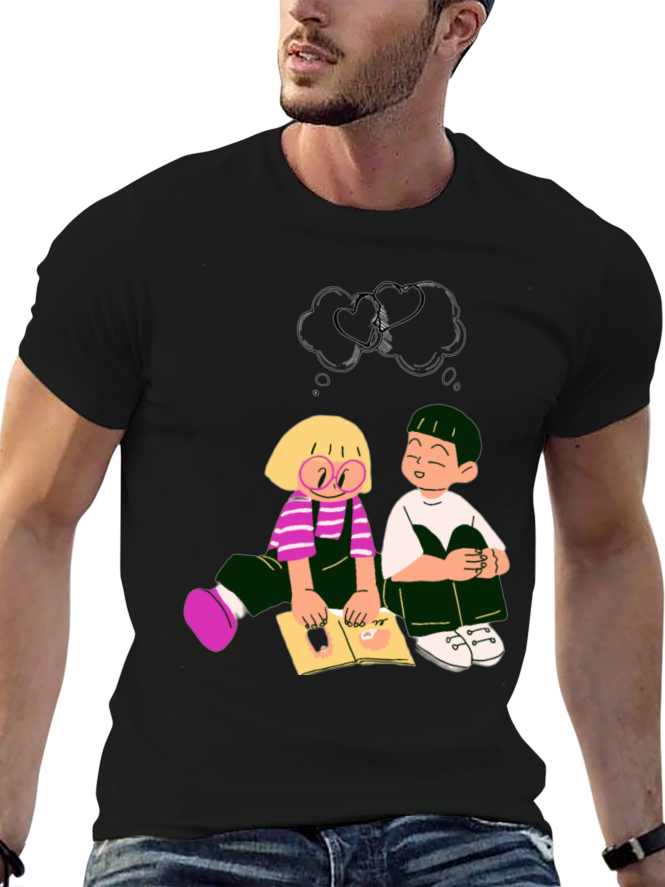 Cartoon Kids Reading Black Tee