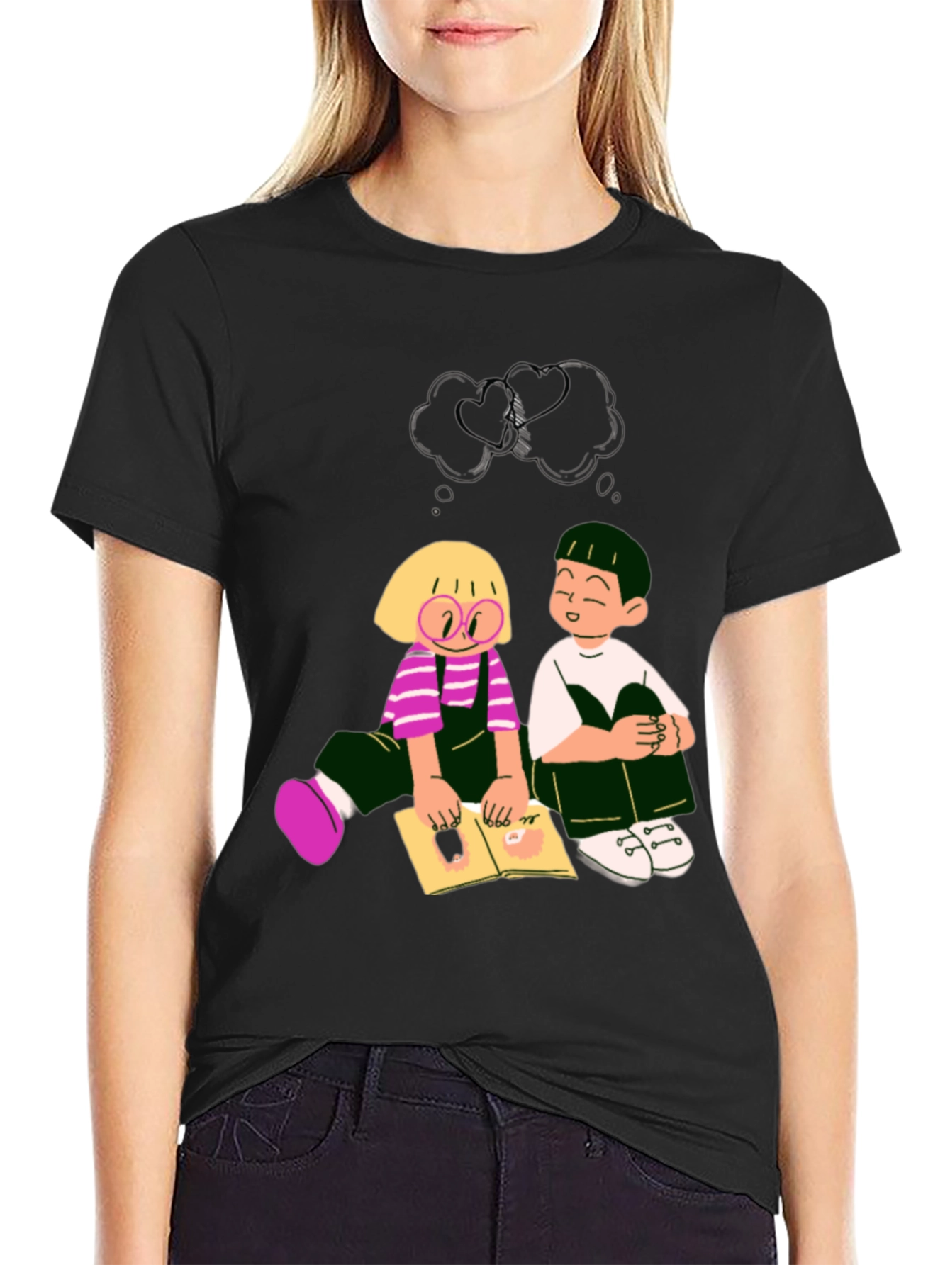 Cartoon Kids Reading Black Tee