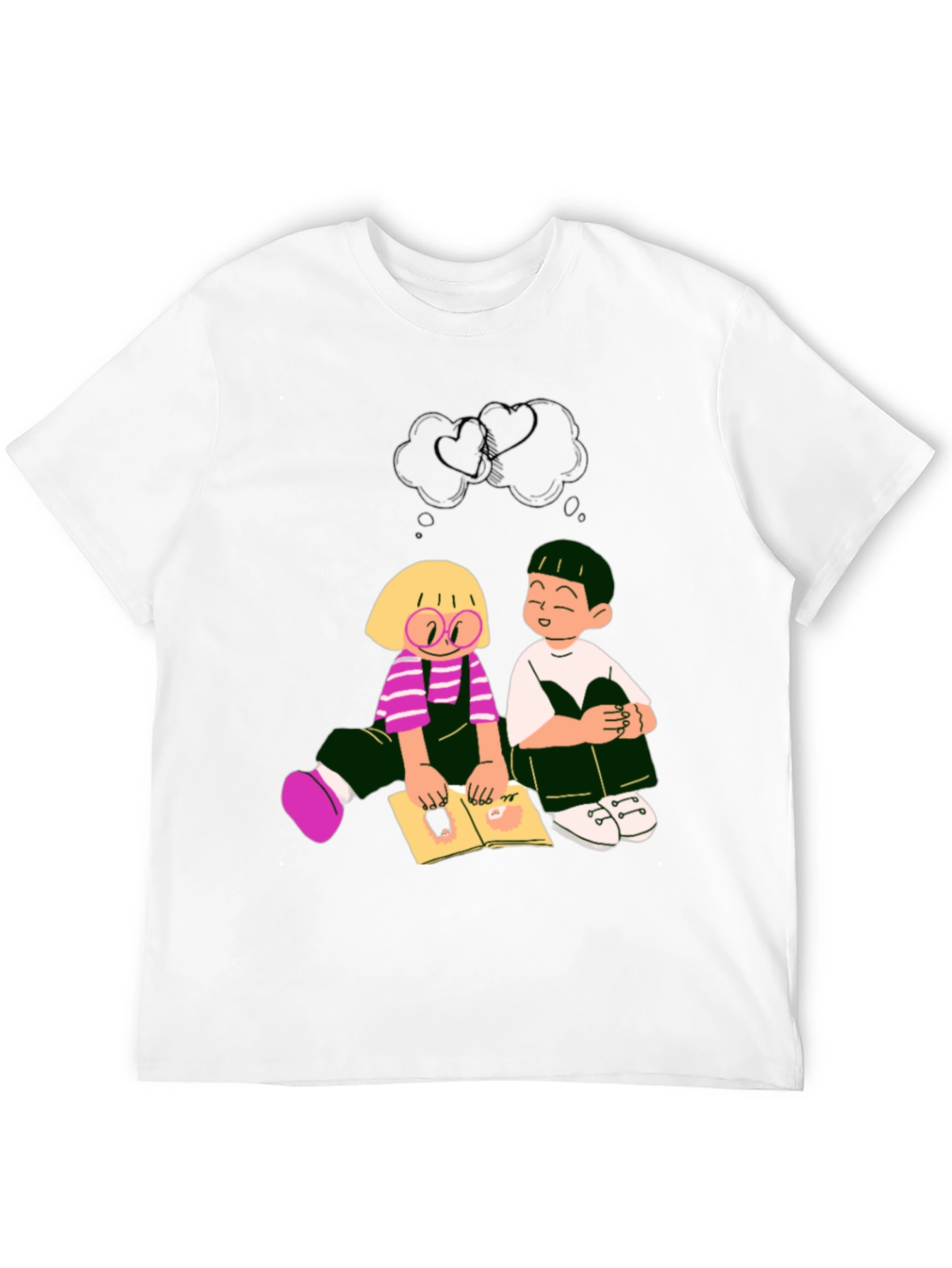 Cartoon Kids Reading Black Tee