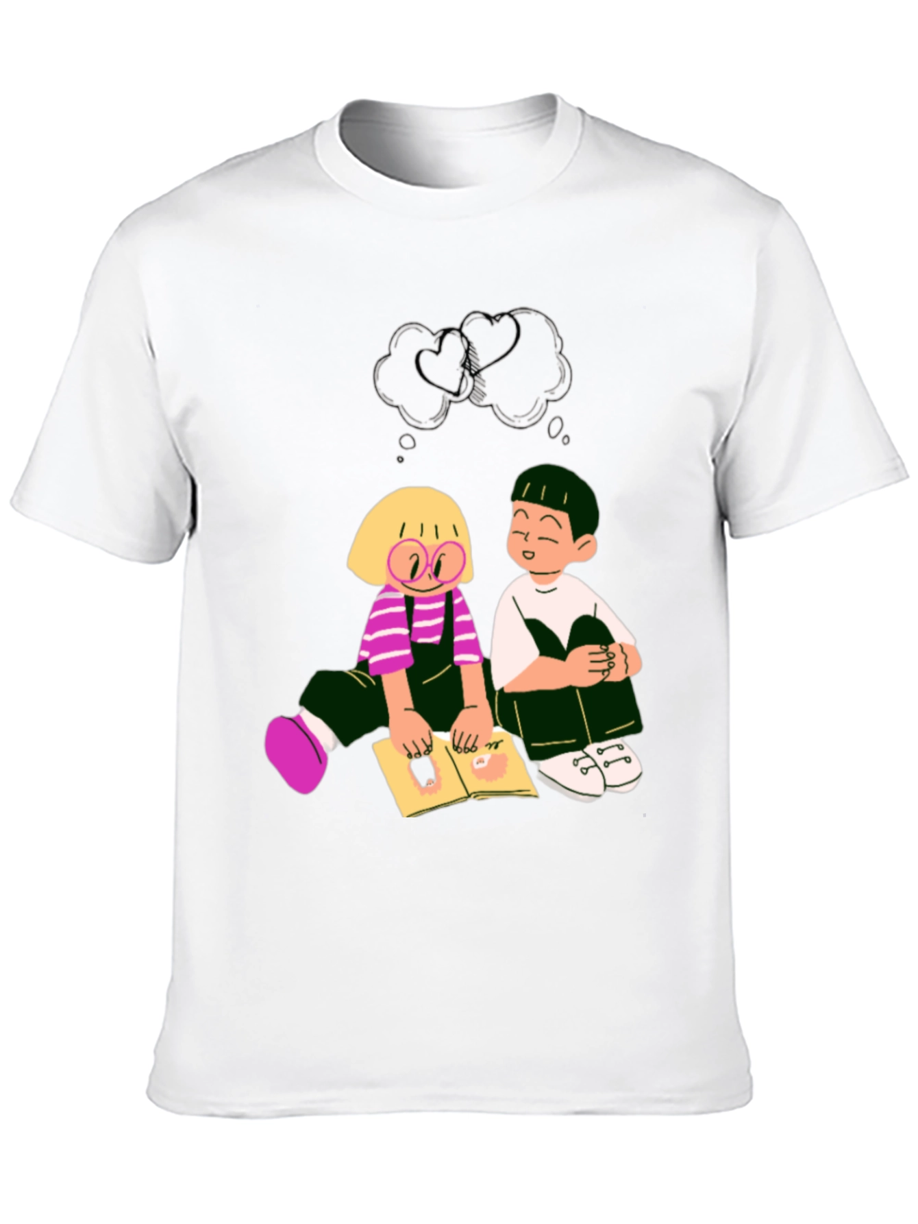 Cartoon Kids Reading Black Tee