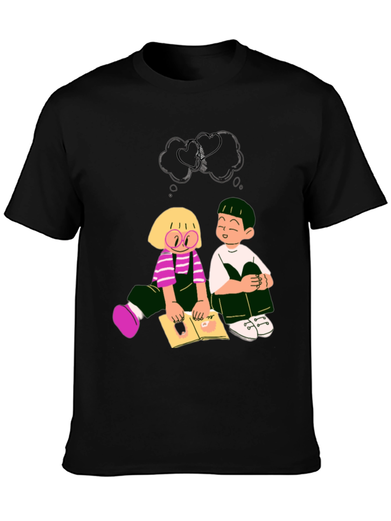 Cartoon Kids Reading Black Tee