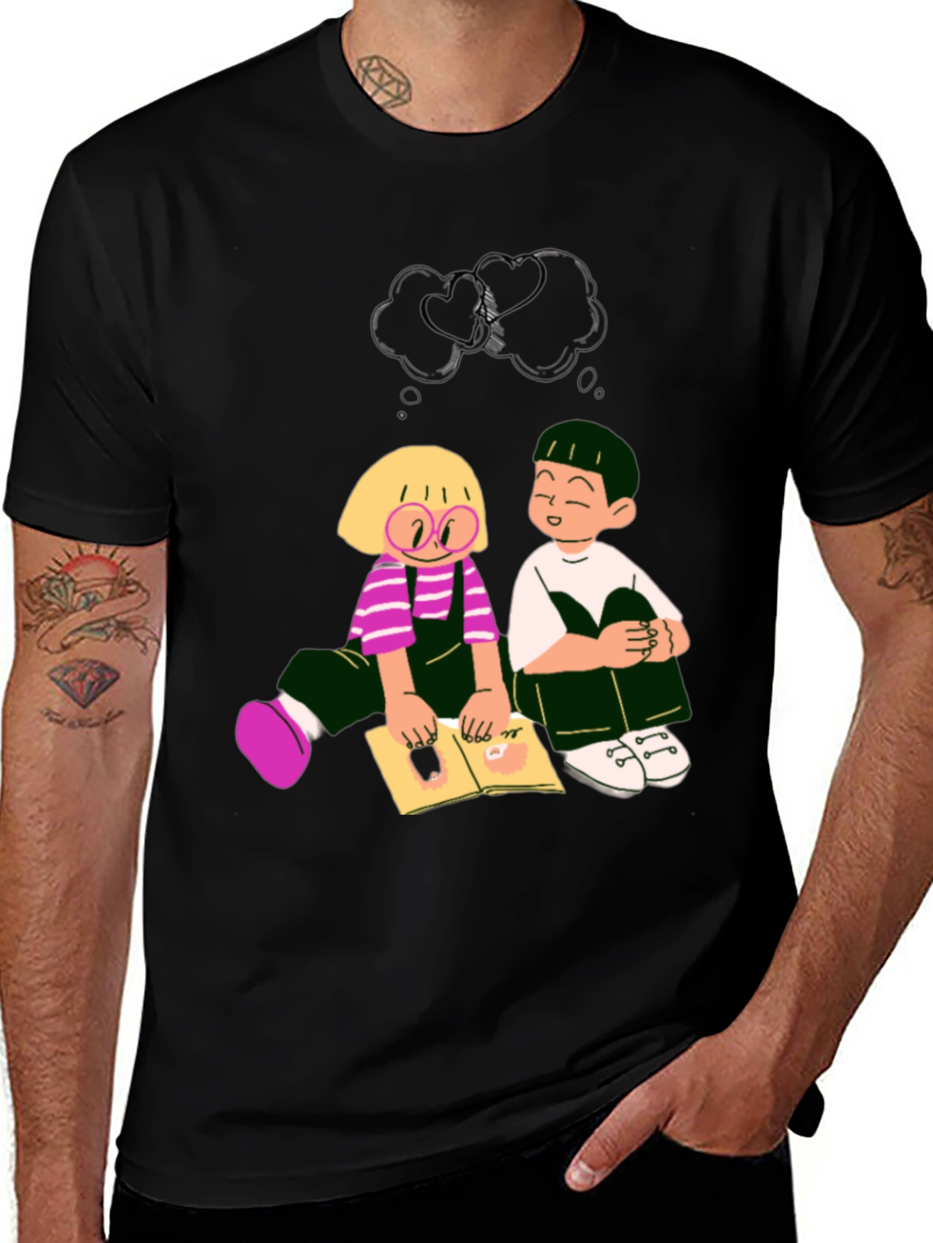 Cartoon Kids Reading Black Tee