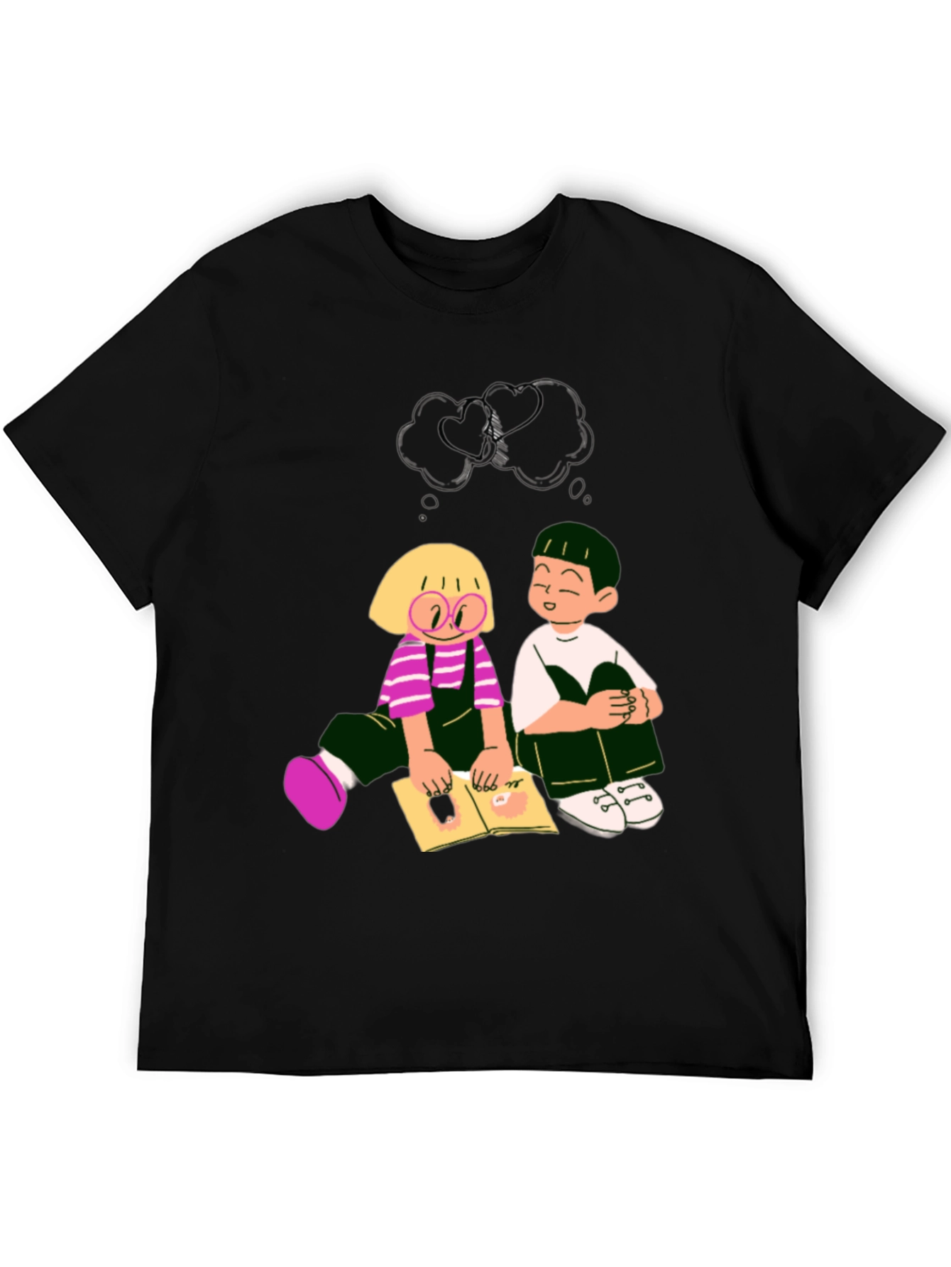 Cartoon Kids Reading Black Tee