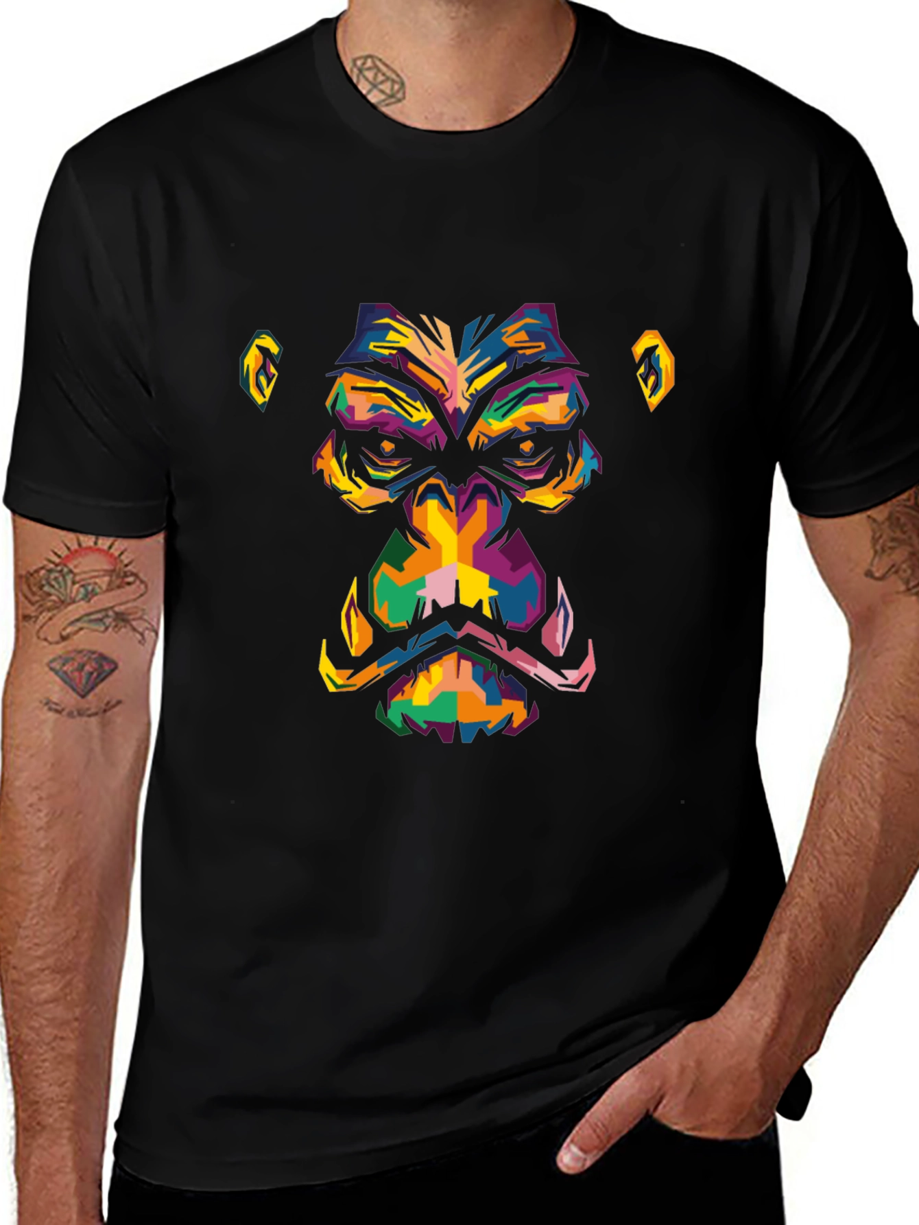 Abstract Gorilla Face Graphic Black T-Shirt