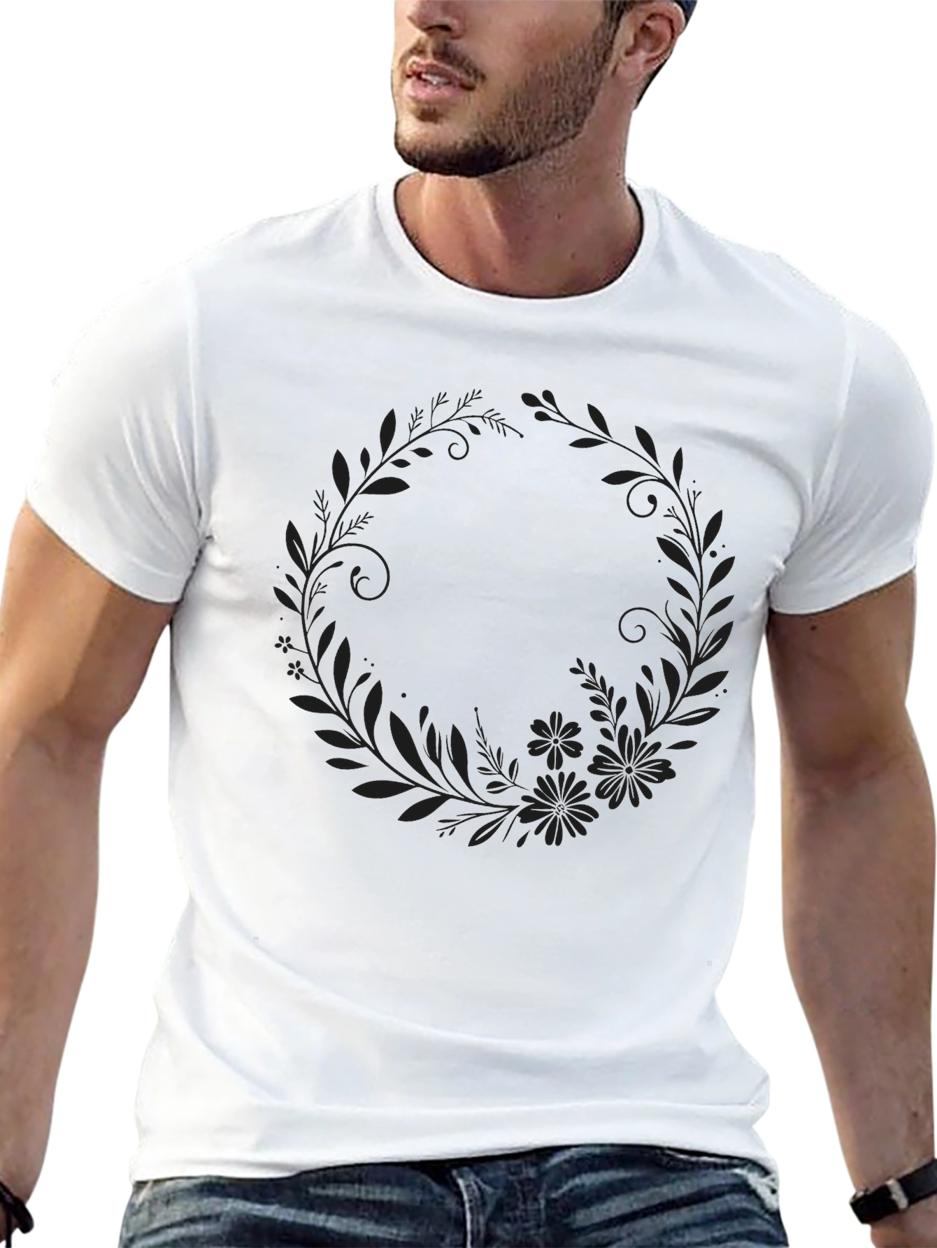 Floral Wreath Graphic Black T-Shirt