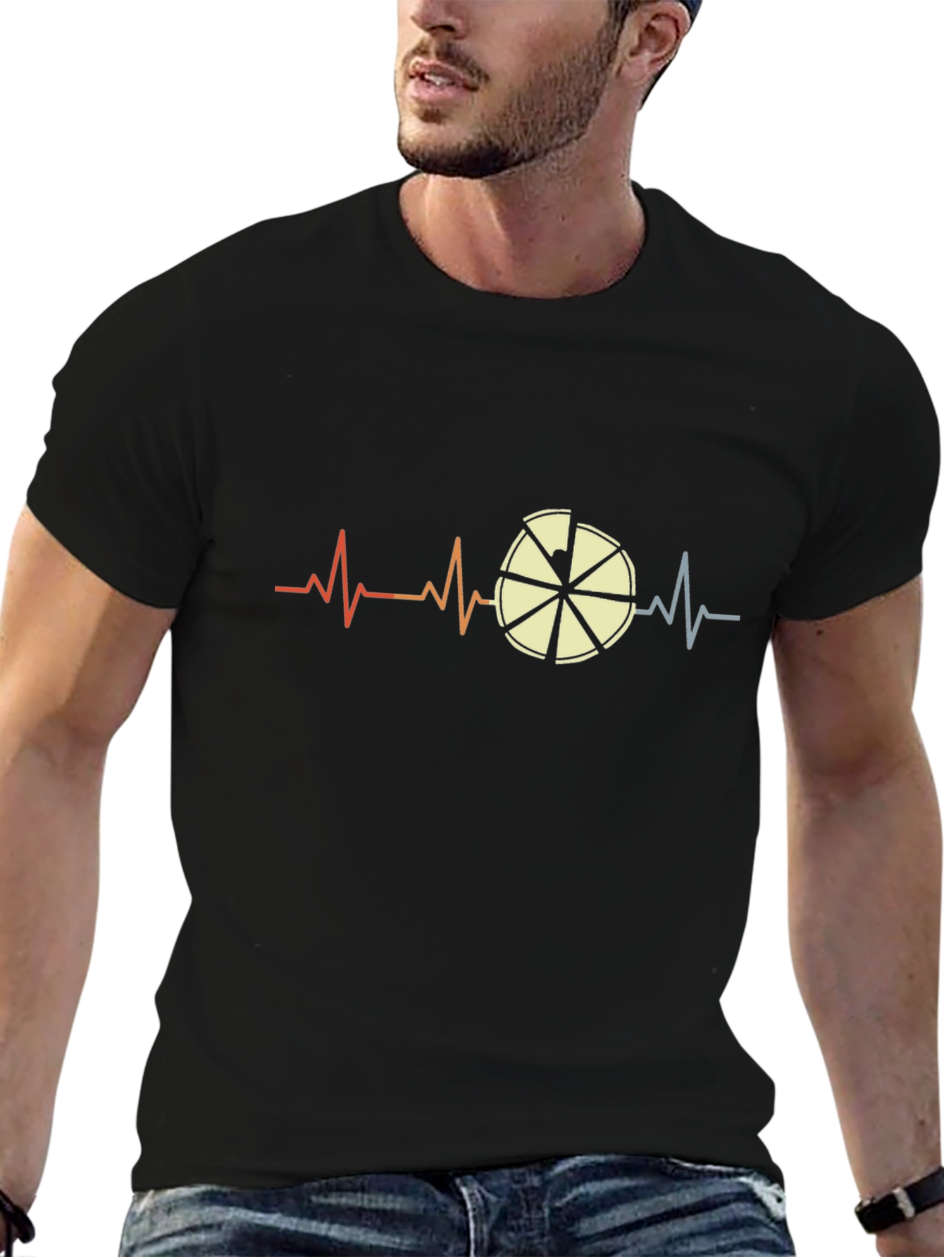 Pizza Heartbeat Mens Black Graphic T-Shirt