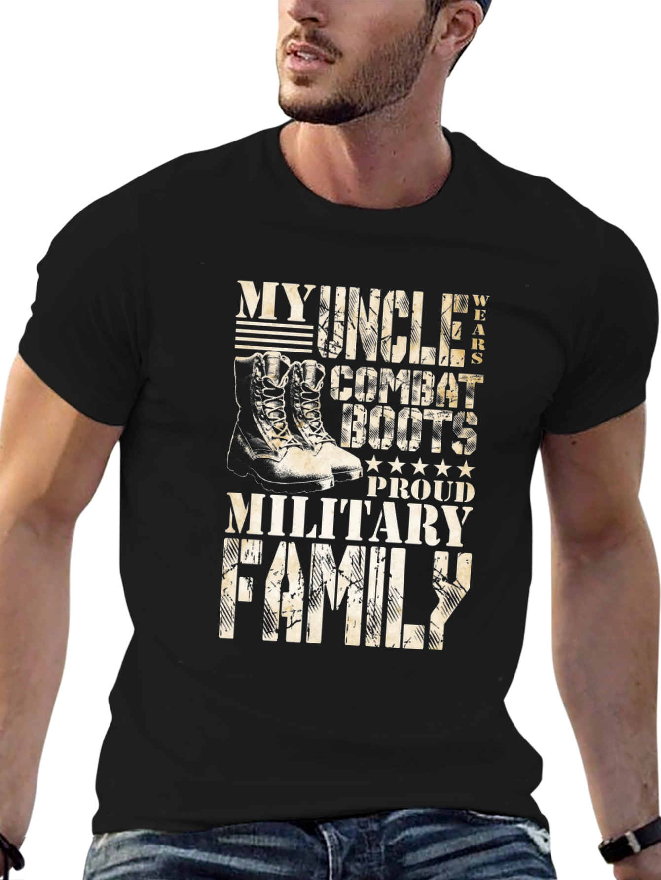 Military Family Proud Uncle Combat Boots Graphic T-Shirt