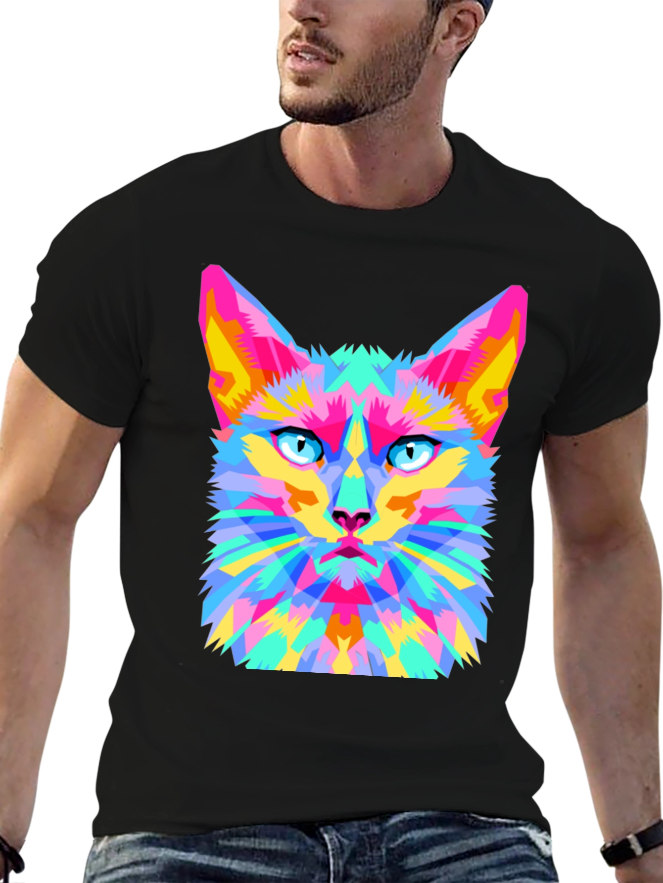 Geometric Cat Graphic Tee - Stylish & Unique