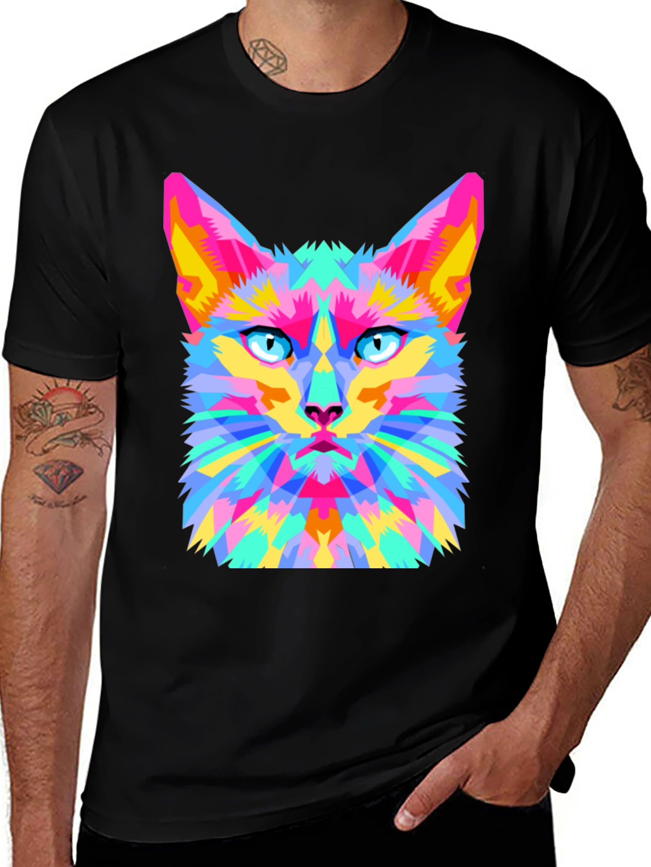 Geometric Cat Graphic Tee - Stylish & Unique