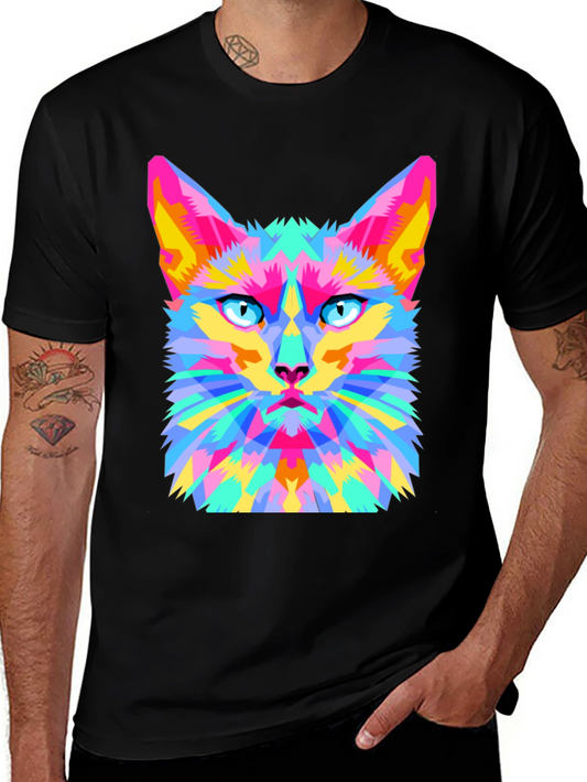 Geometric Cat Graphic Tee - Stylish & Unique