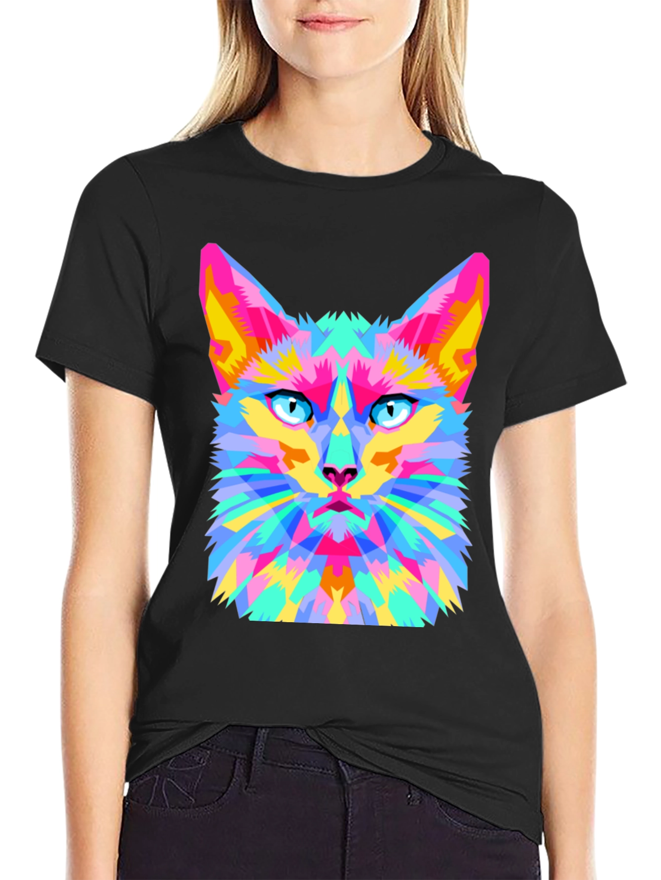 Geometric Cat Graphic Tee - Stylish & Unique