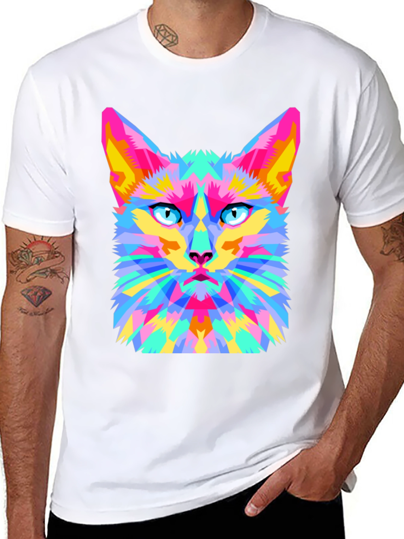 Geometric Cat Graphic Tee - Stylish & Unique