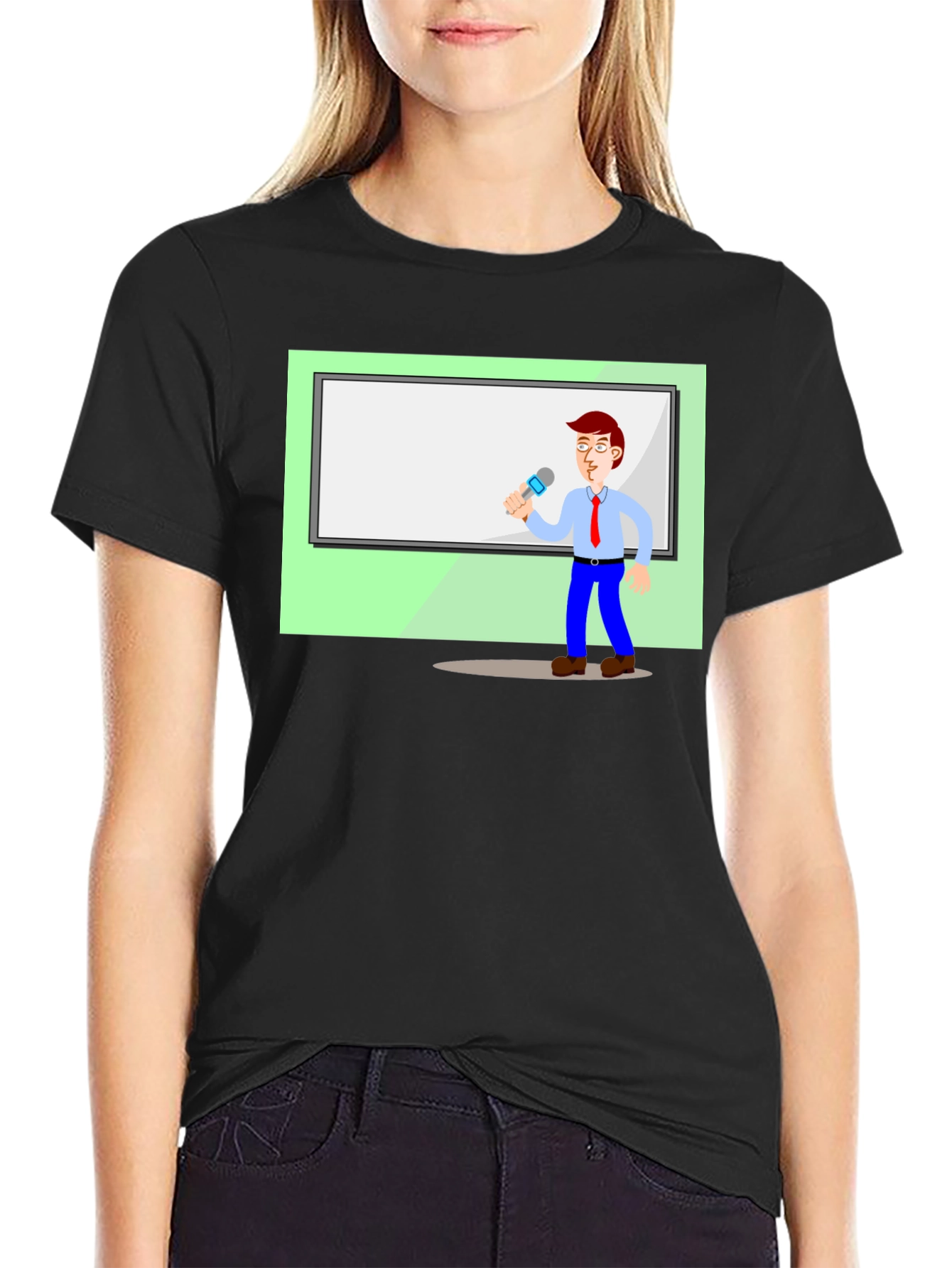 Cartoon Presenter Graphic Tee - Black Cotton T-Shirt