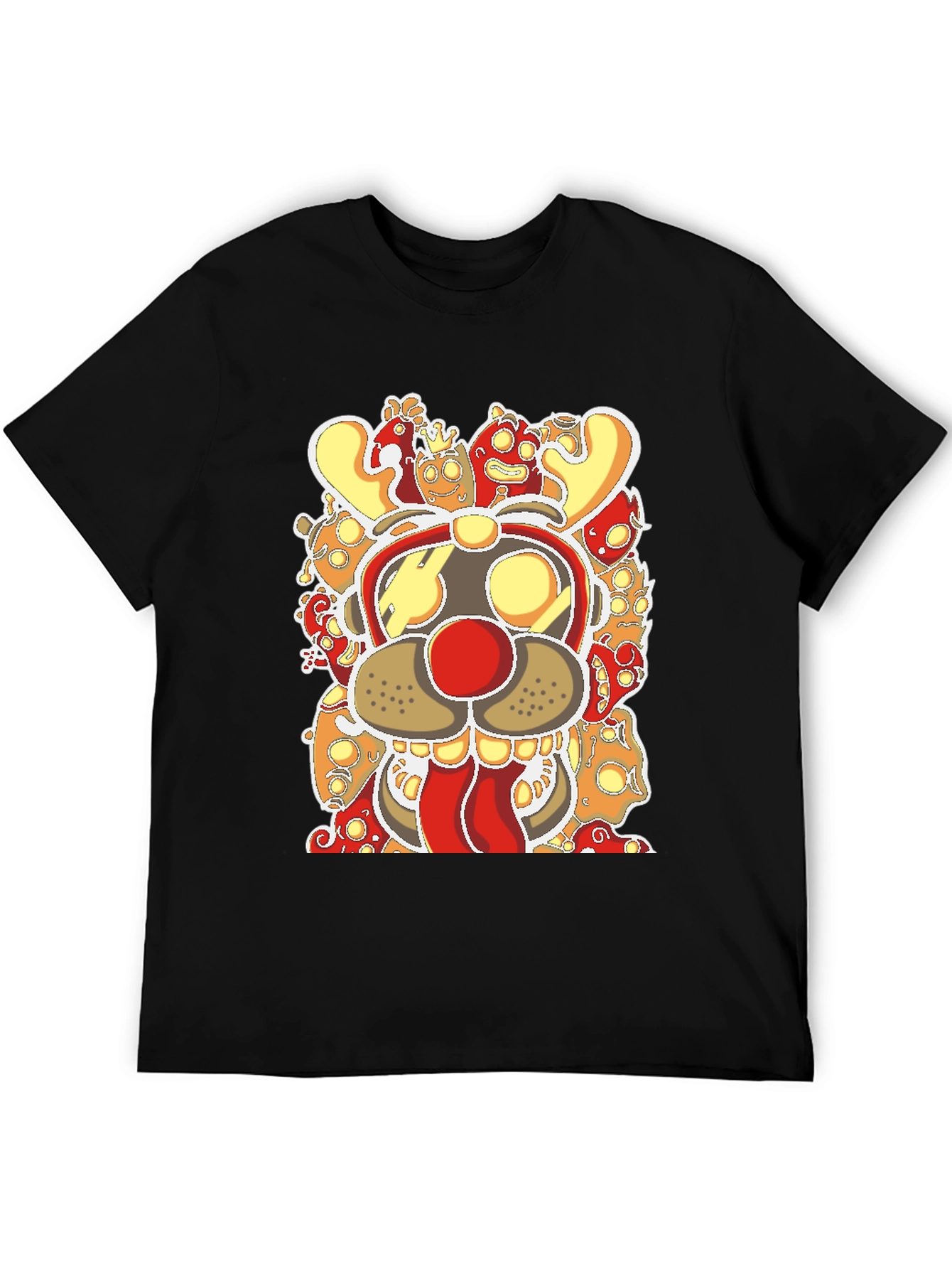 Cartoon Reindeer Graphic Tee - Black Cotton Blend