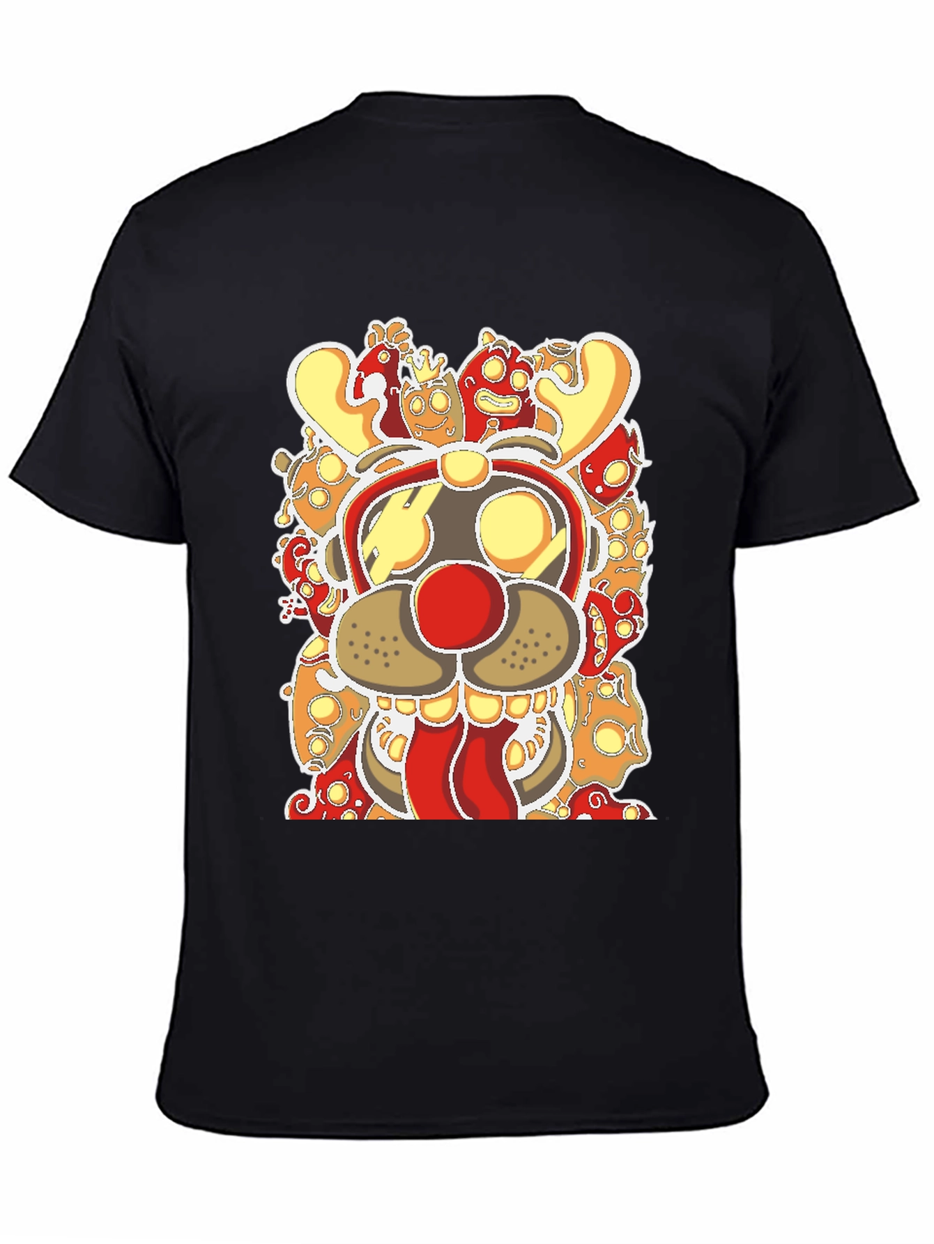 Cartoon Reindeer Graphic Tee - Black Cotton Blend