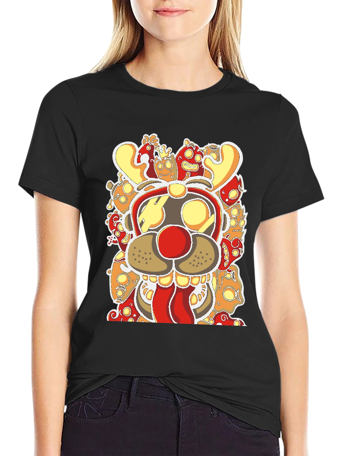 Cartoon Reindeer Graphic Tee - Black Cotton Blend