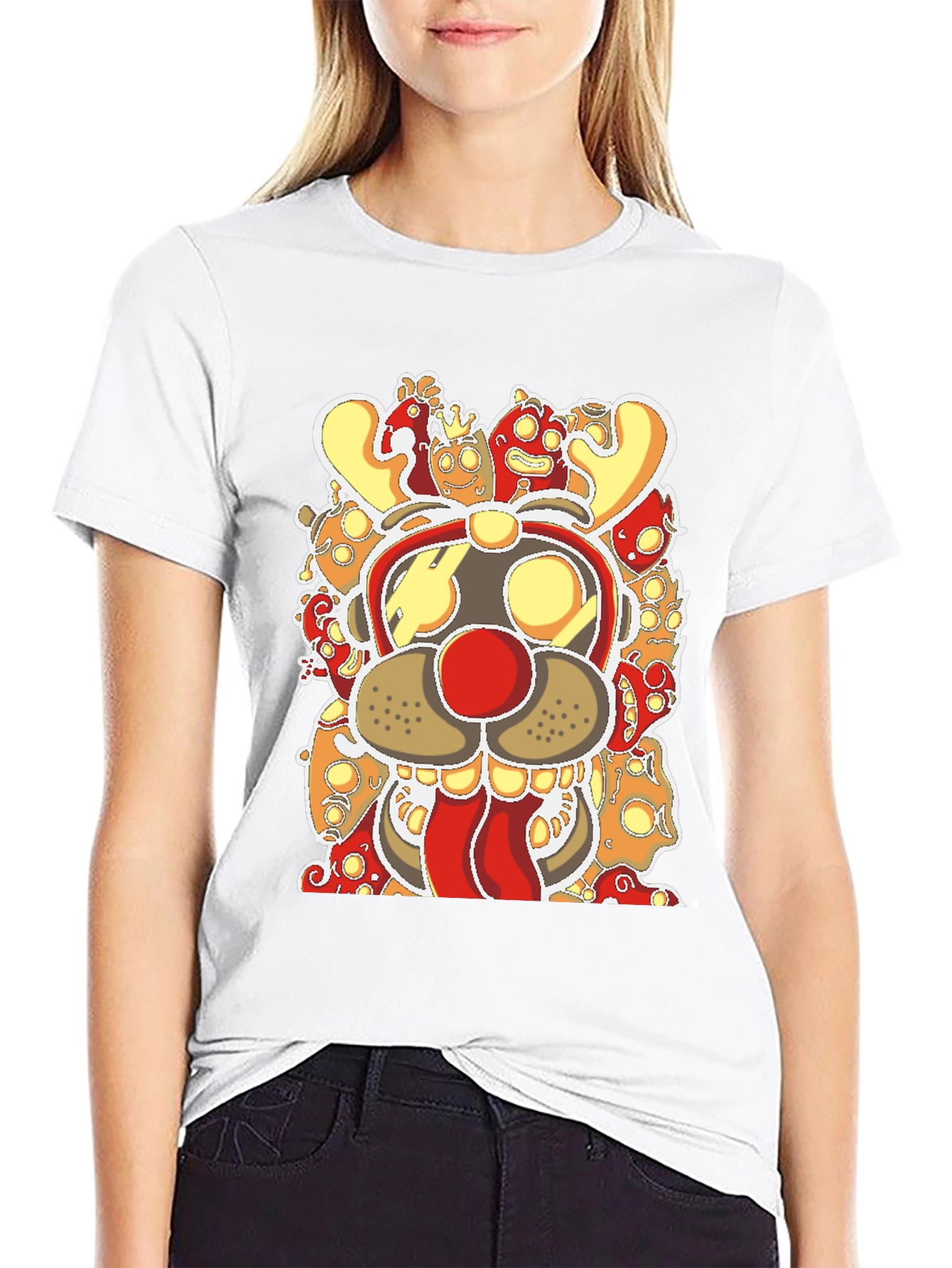 Cartoon Reindeer Graphic Tee - Black Cotton Blend