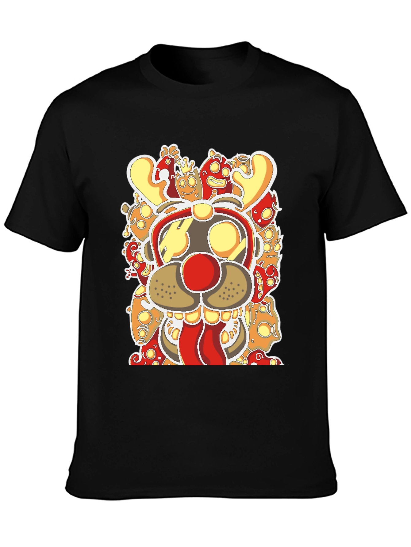 Cartoon Reindeer Graphic Tee - Black Cotton Blend