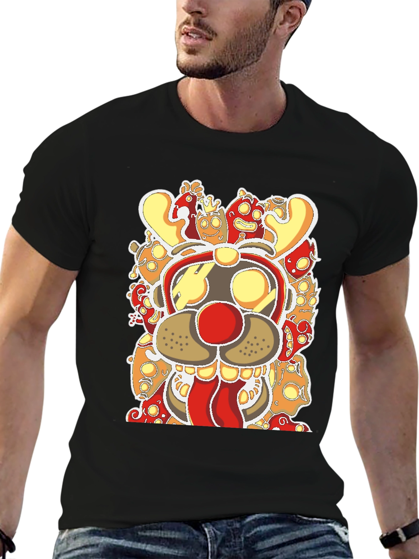 Cartoon Reindeer Graphic Tee - Black Cotton Blend