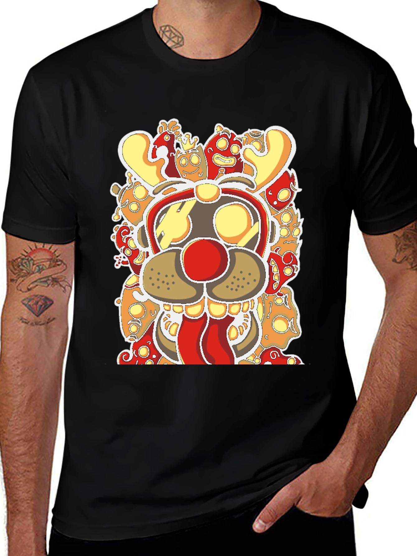 Cartoon Reindeer Graphic Tee - Black Cotton Blend