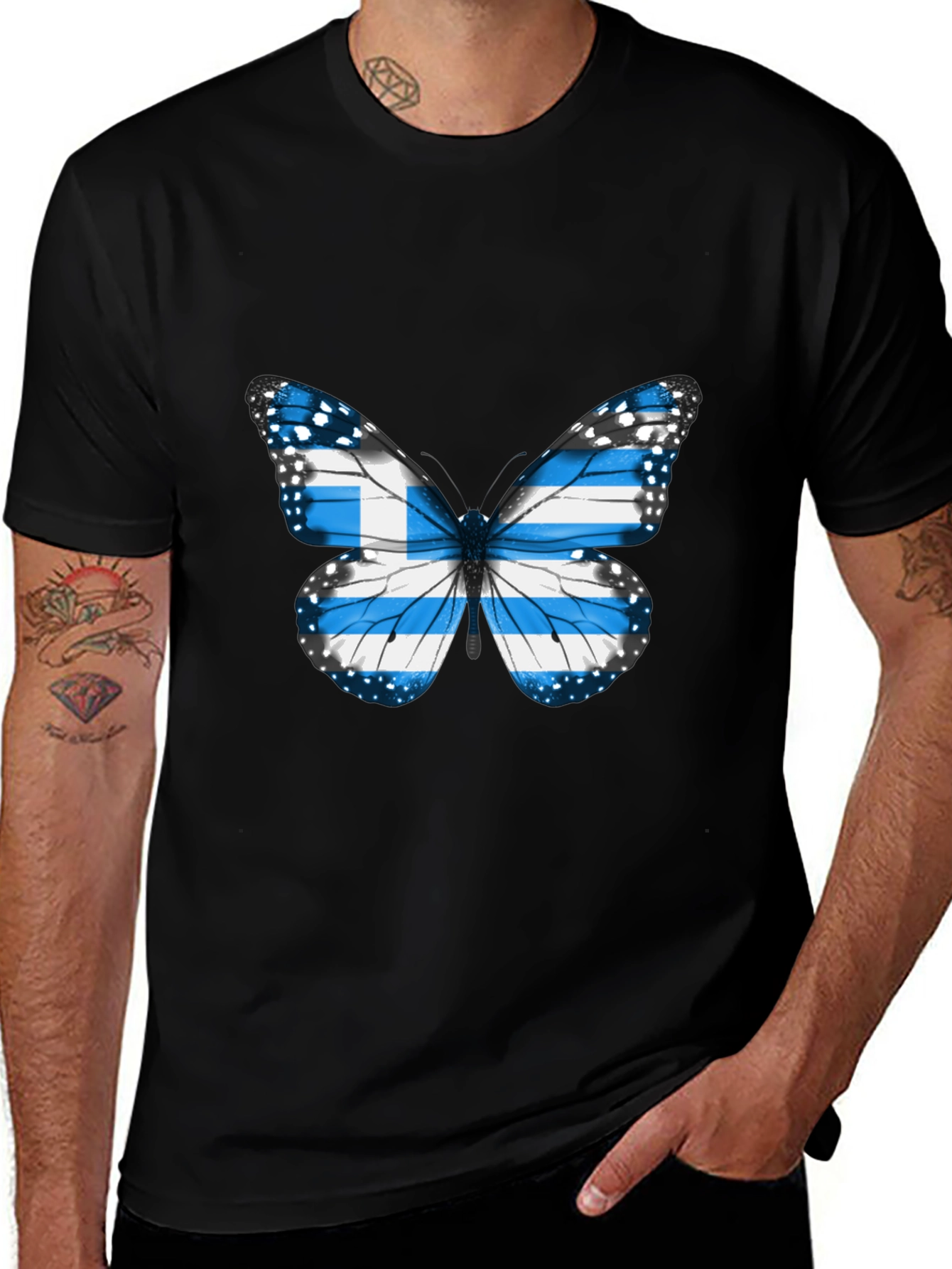 Greece Flag Butterfly Black T-Shirt