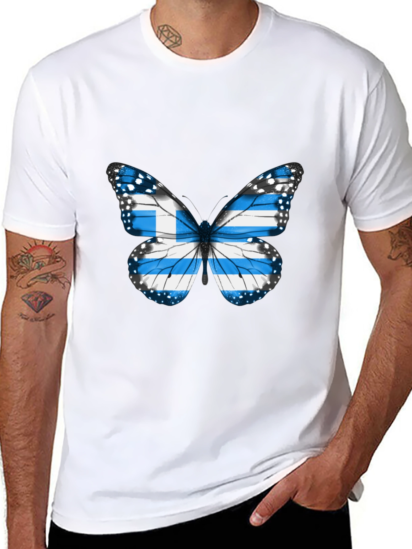 Greece Flag Butterfly Black T-Shirt