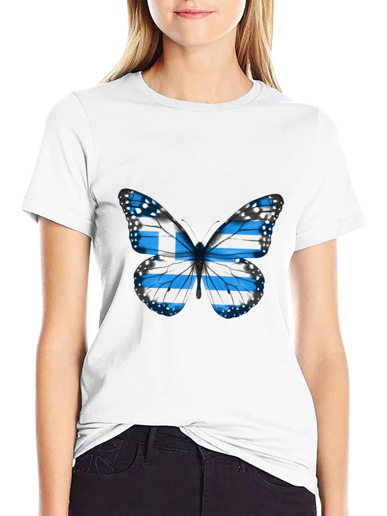 Greece Flag Butterfly Black T-Shirt