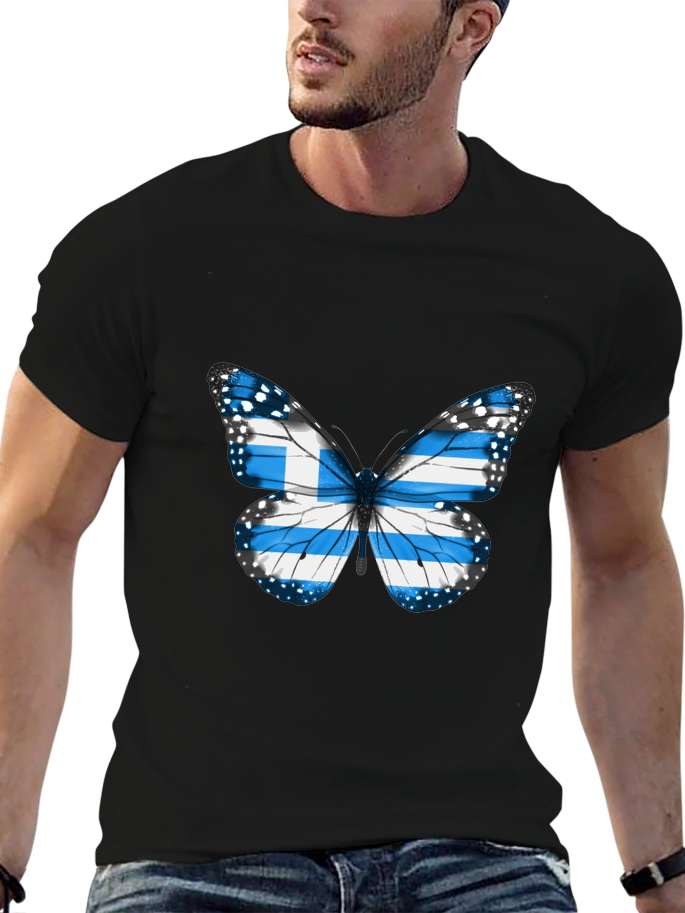 Greece Flag Butterfly Black T-Shirt
